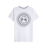 White cotton T-shirt, back view, with black sunburst 'Club Hallelujah' print and braided neckline