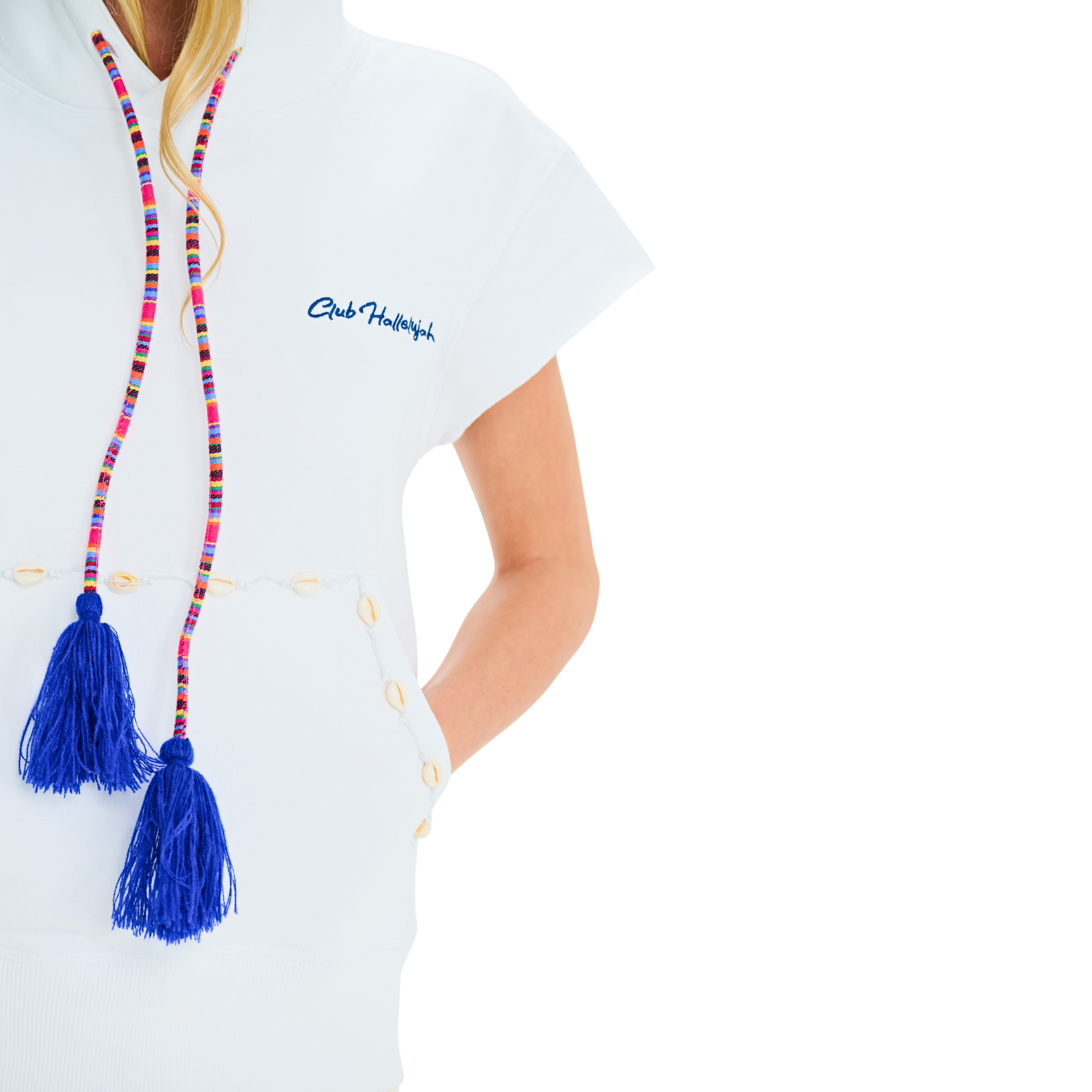 Close-up of unisex white short-sleeved hoodie showing Club Hallelujah logo embroidery, handmade drawstring with blue tassels, and cowrie shell trim on pocket