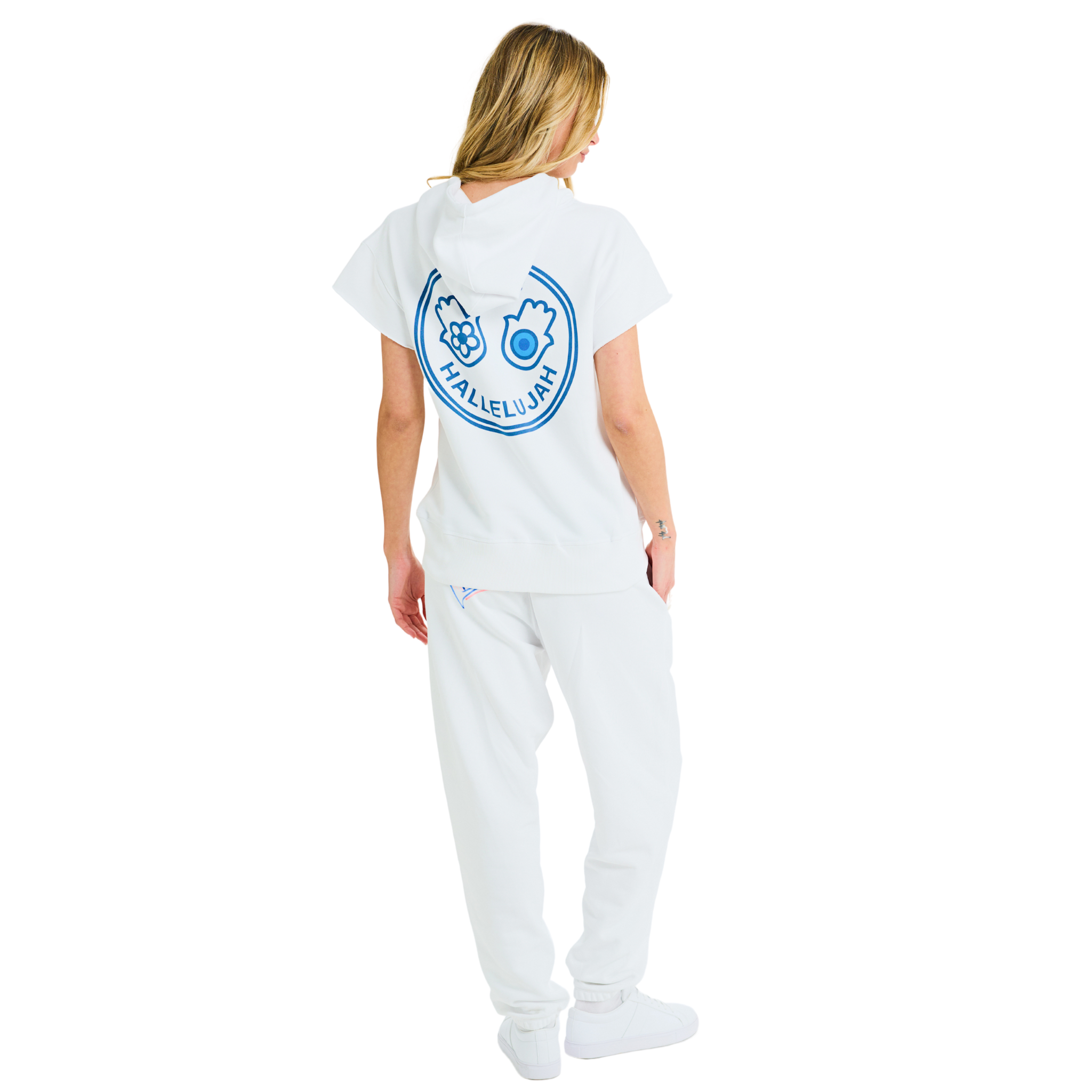 Back view of female model in unisex white short-sleeved hoodie with blue Club Hallelujah hamsa print