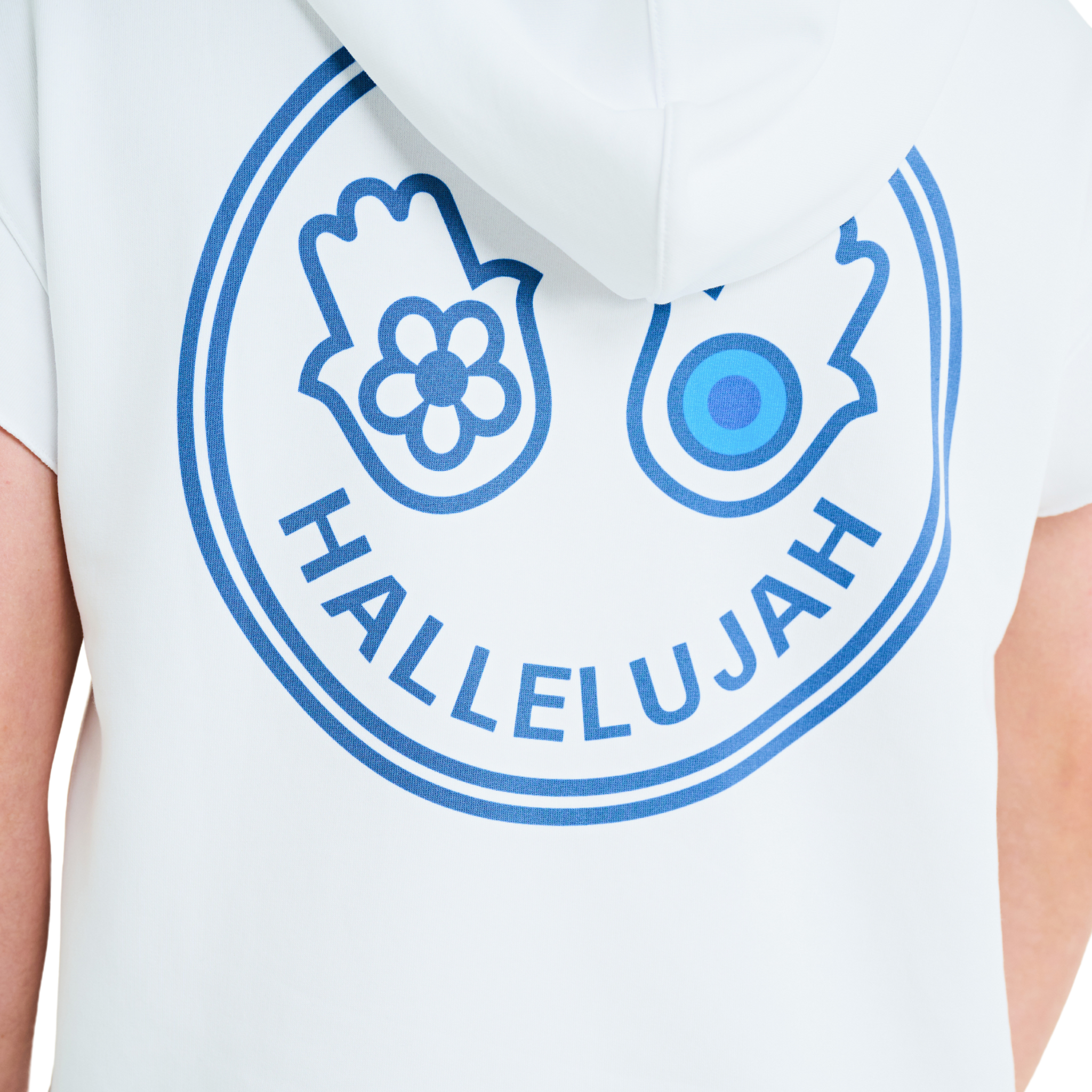 Close-up of blue Club Hallelujah hamsa print on back of unisex white short-sleeved hoodie