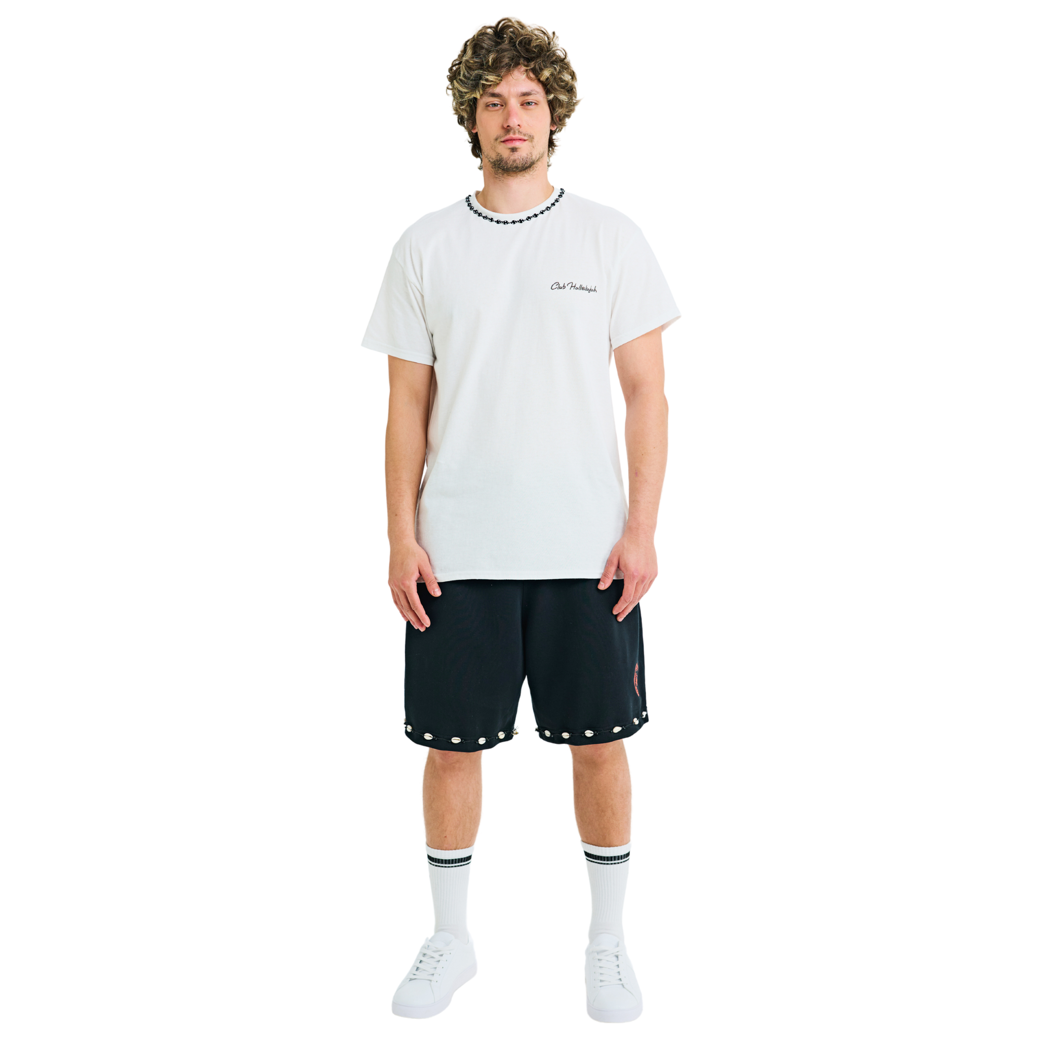 Male model wearing white T-shirt with small front logo and braided neckline, front view