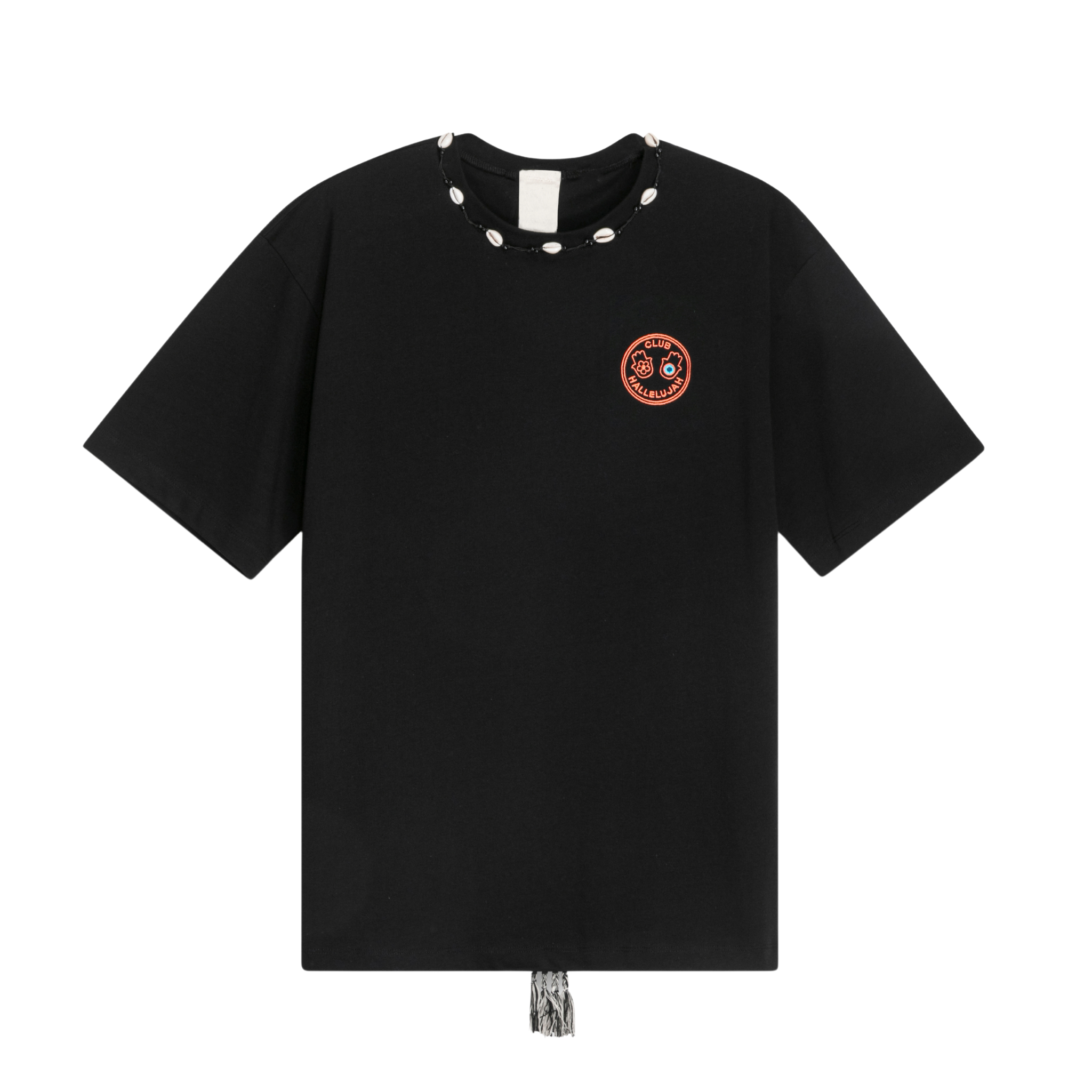 Black oversized cotton T-shirt with small 'Mogador Nights' front logo and cowrie shell neckline, front view