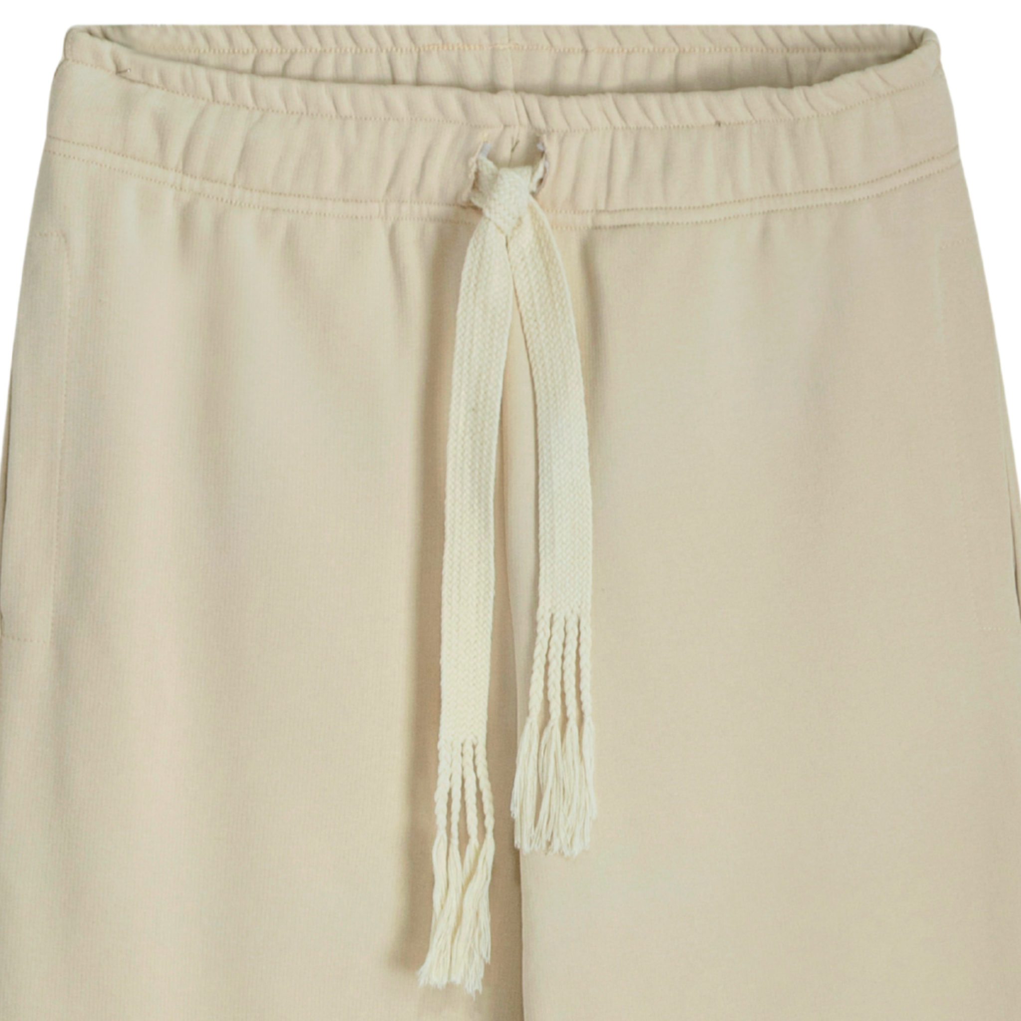 Close-up of woven cotton drawstring and waistband on stone classic sweatpants with handmade details