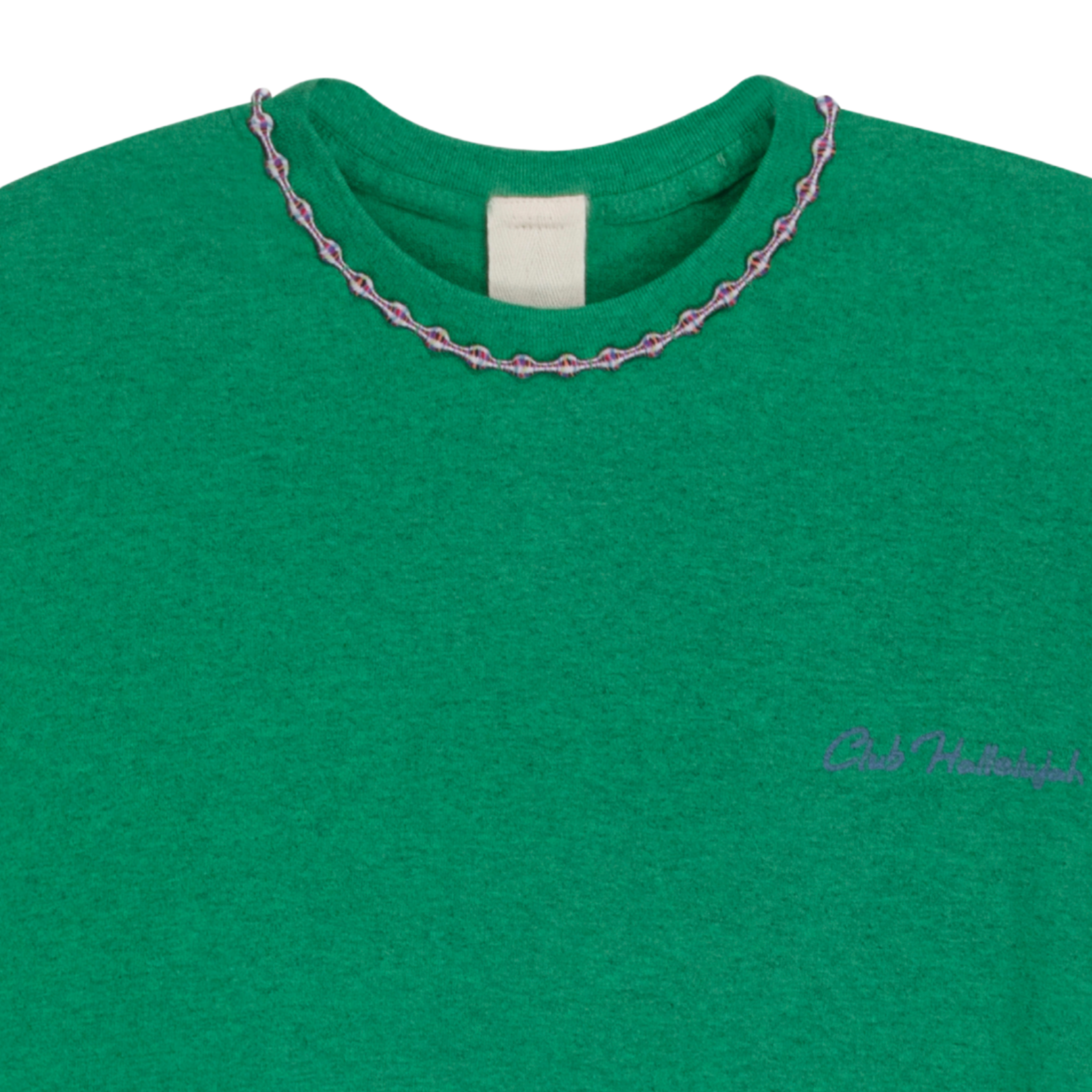 Close-up of green mélange T-shirt neckline with handmade braided ribbon and small front logo