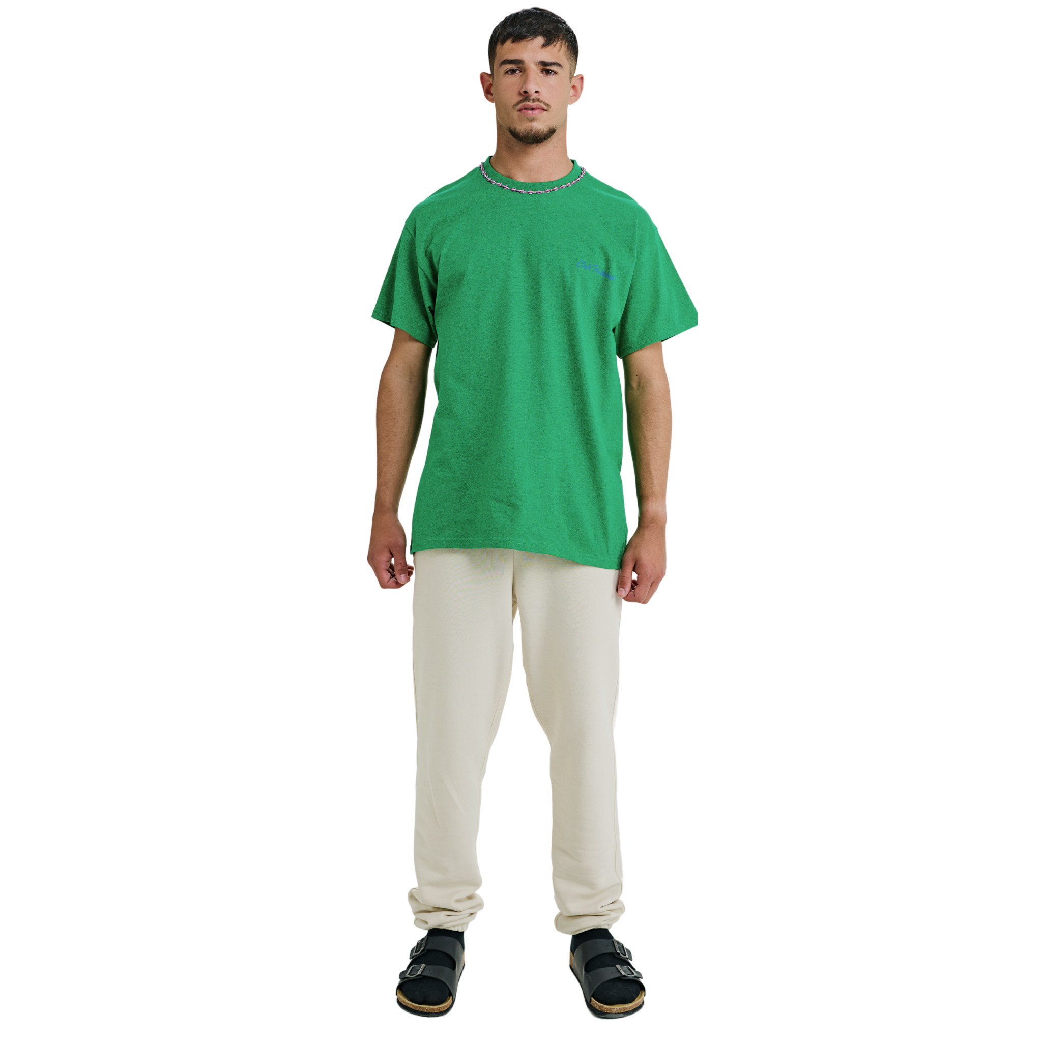 Male model wearing green mélange T-shirt with small front logo and braided neckline, front view