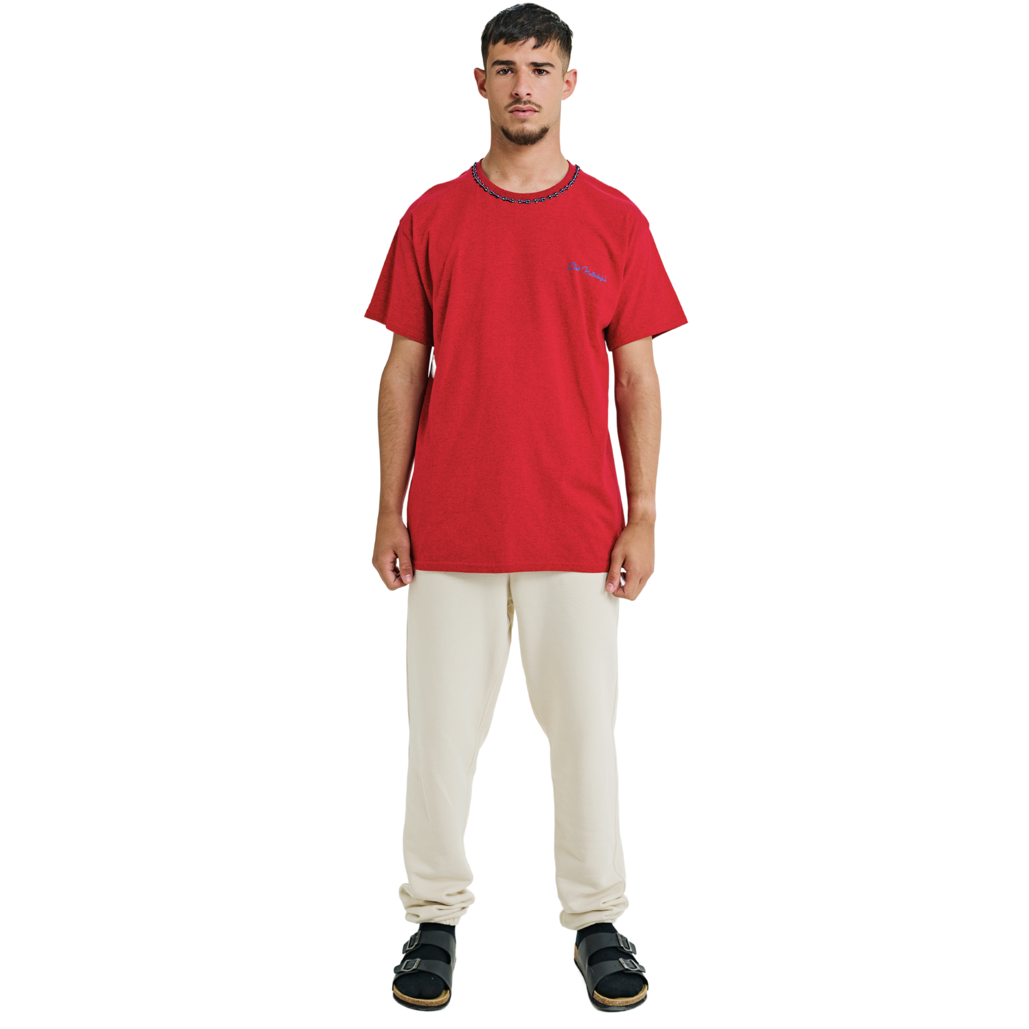 Male model wearing red mélange T-shirt with small front logo and braided neckline, front view