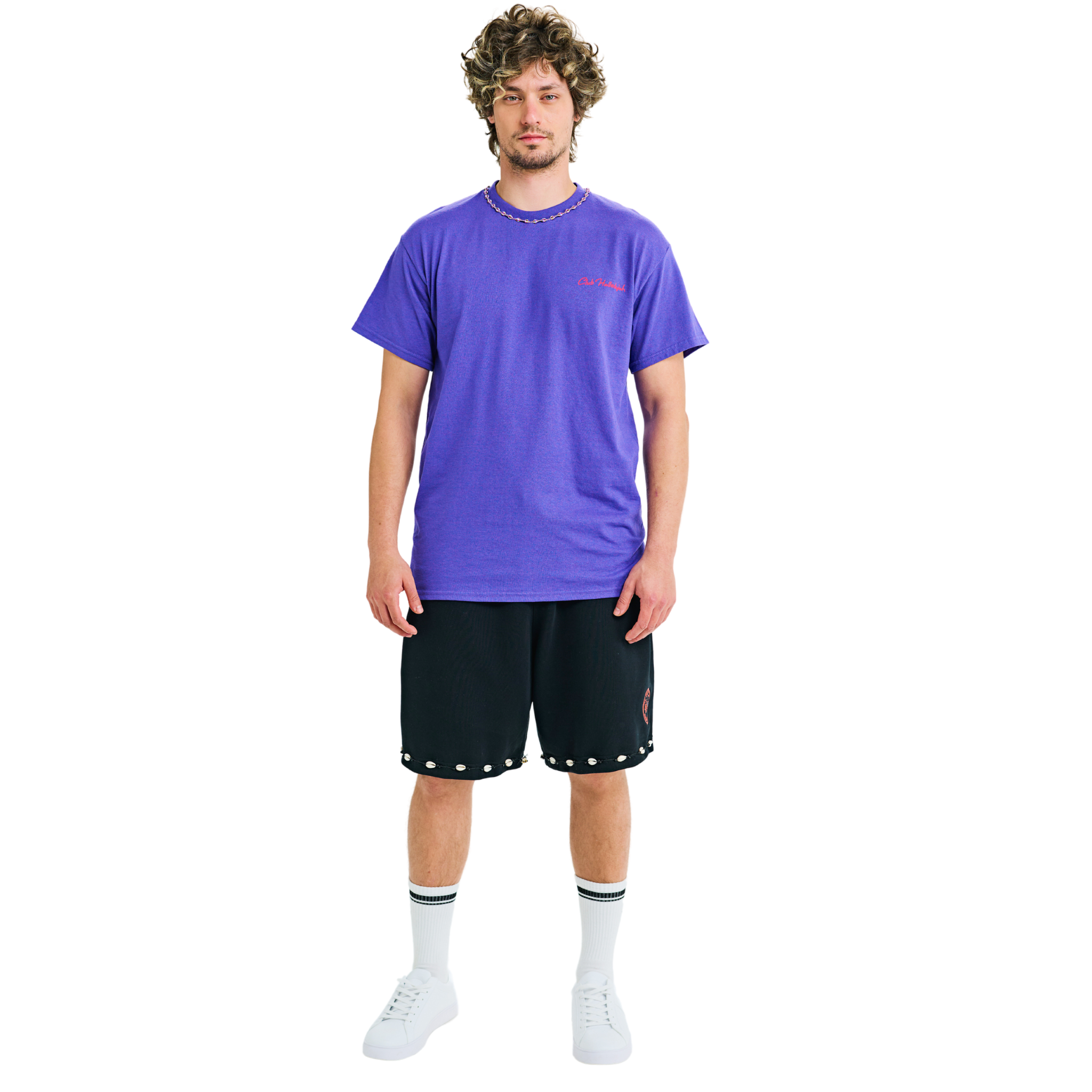 Male model wearing purple mélange T-shirt with small front logo and braided neckline, front view