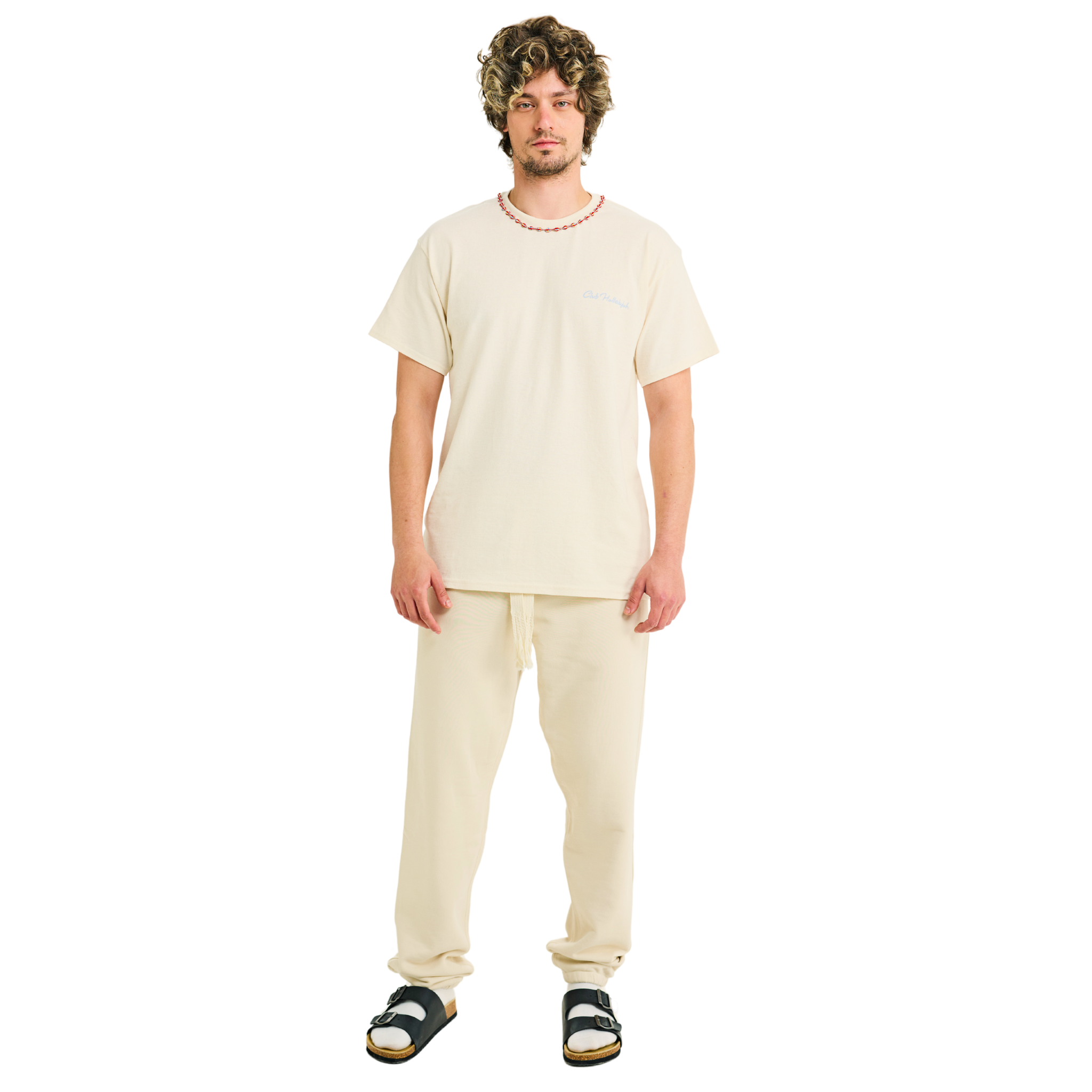 Male model wearing natural cotton T-shirt with small front logo and braided neckline, front view, full body