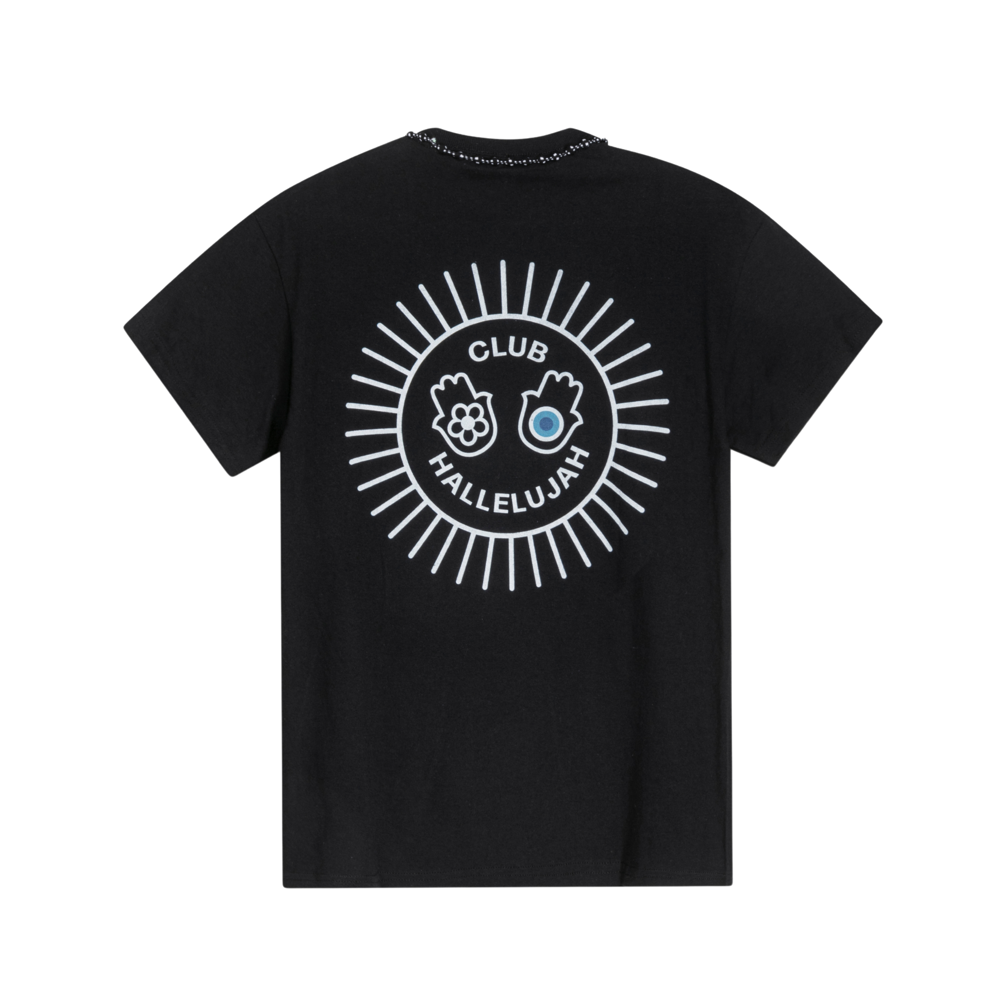 Black cotton T-shirt, back view, with white sunburst 'Club Hallelujah' print
