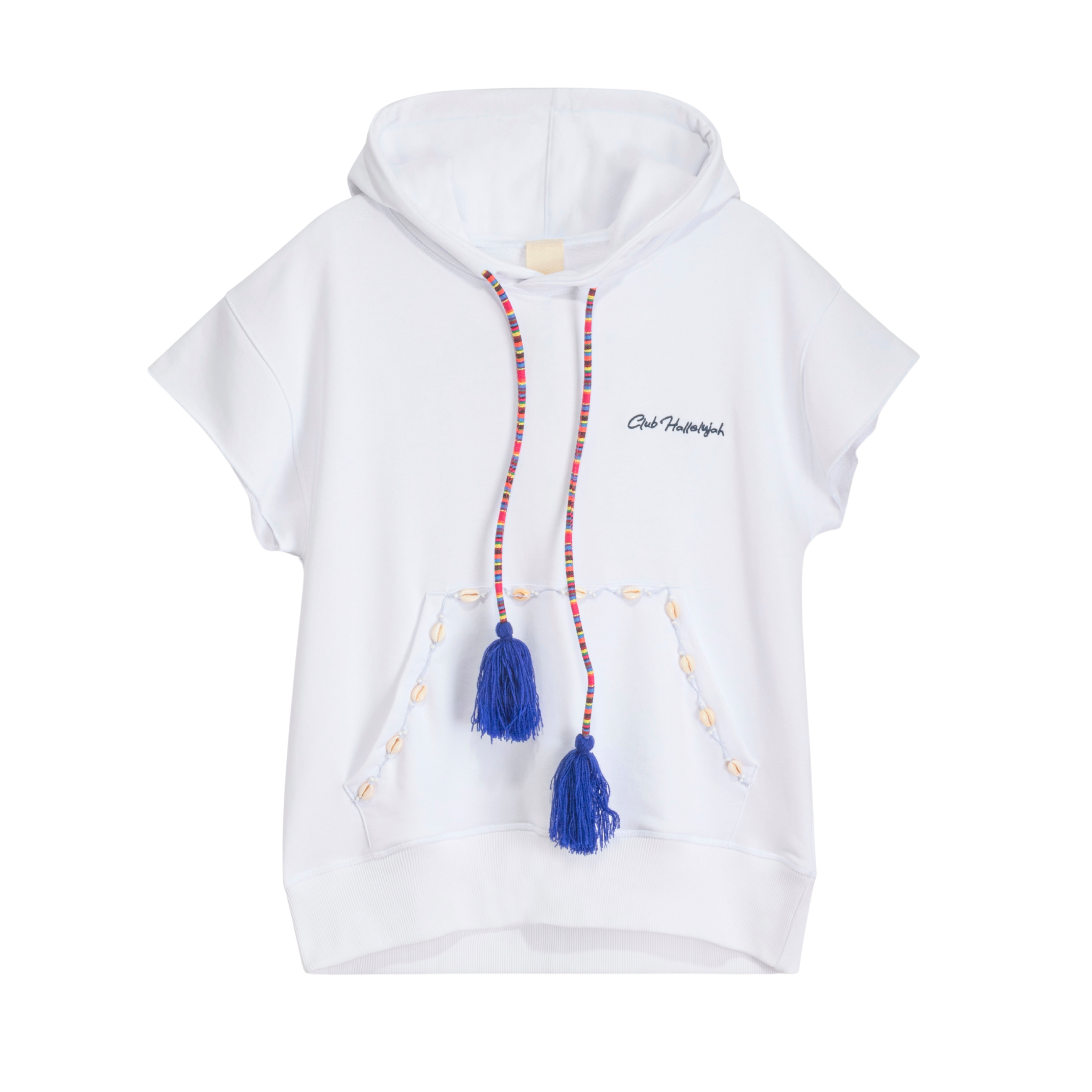 Front view of unisex white short-sleeved hoodie with embroidered pocket, blue tassel drawstring, and cowrie shell details