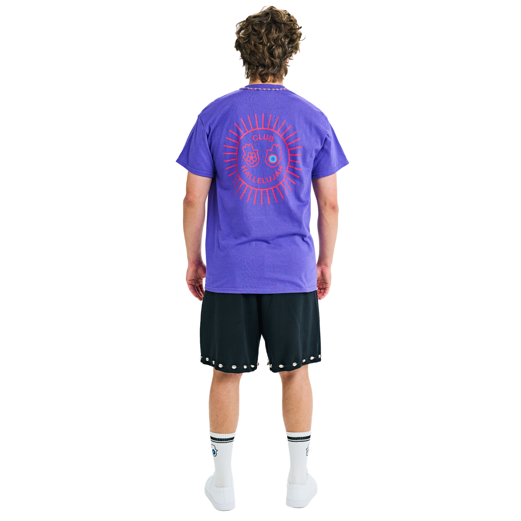 Male model wearing purple mélange T-shirt, back view, showing pink sunburst print and braided neckline