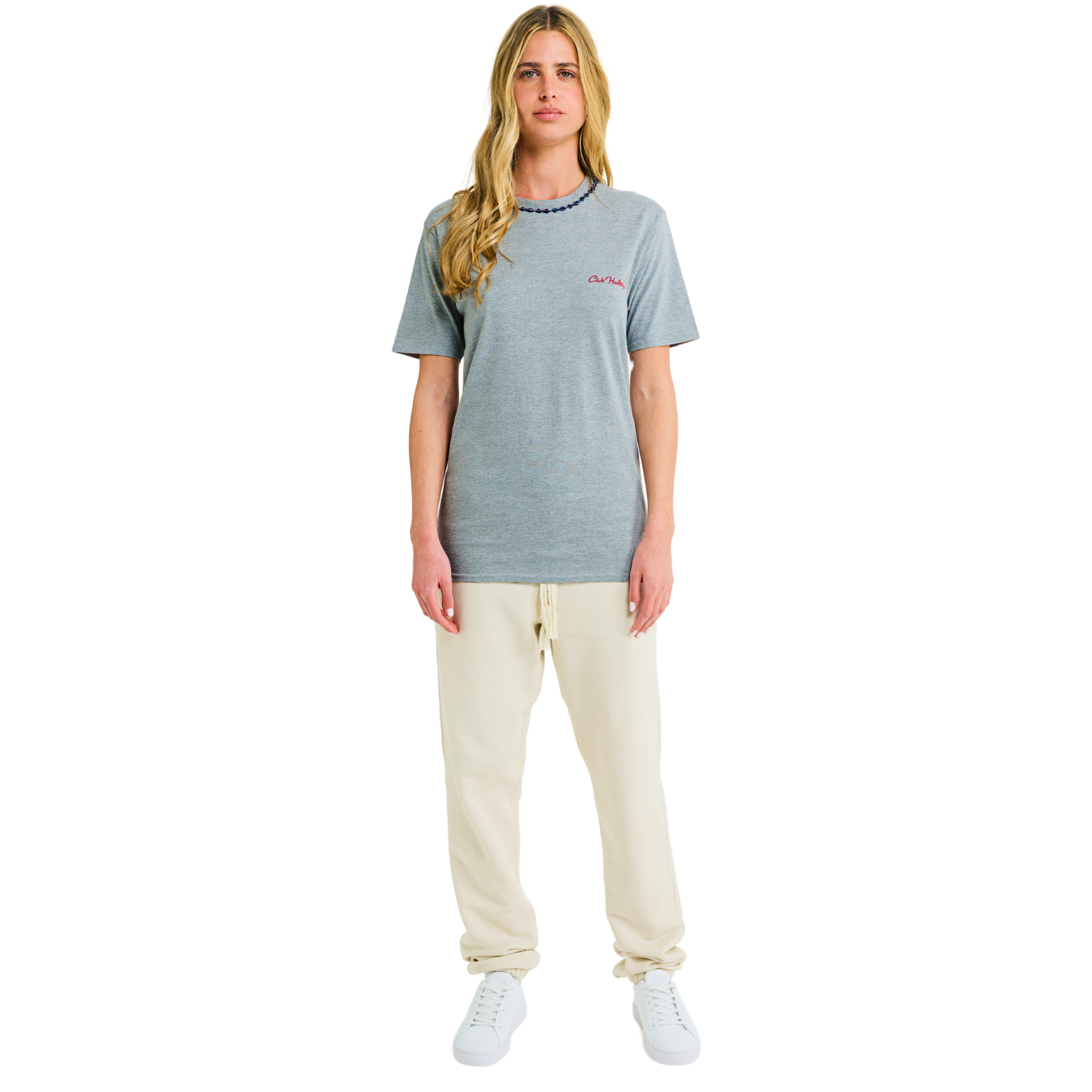 Female model wearing ash grey mélange T-shirt with small front logo and braided neckline, front view