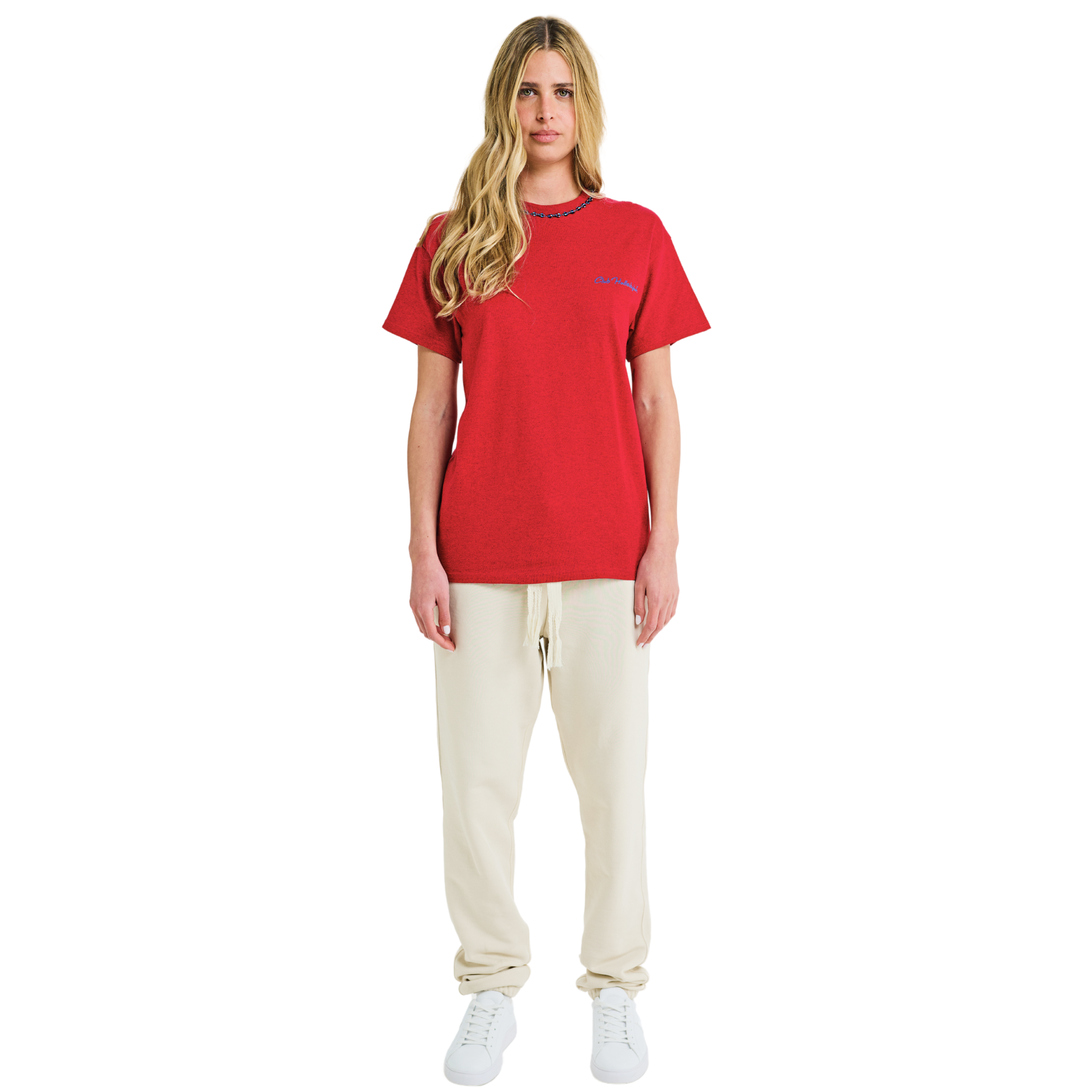 Female model wearing red mélange T-shirt with small front logo and braided neckline, front view