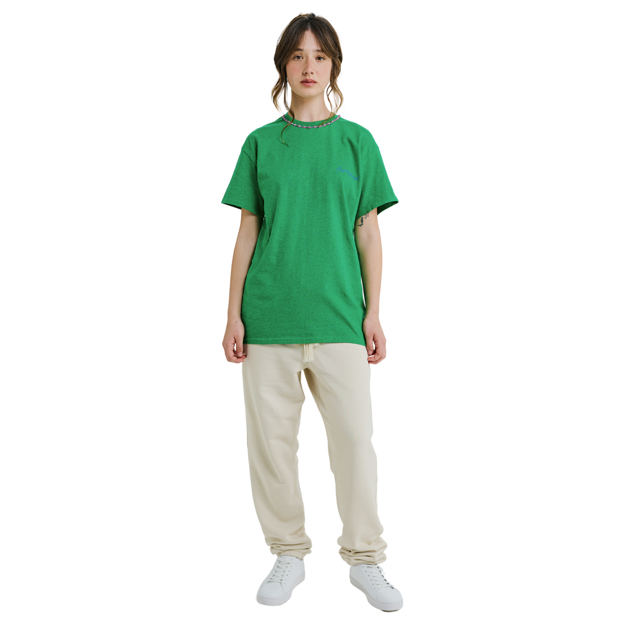 Female model wearing green mélange T-shirt with small front logo and braided neckline, front view