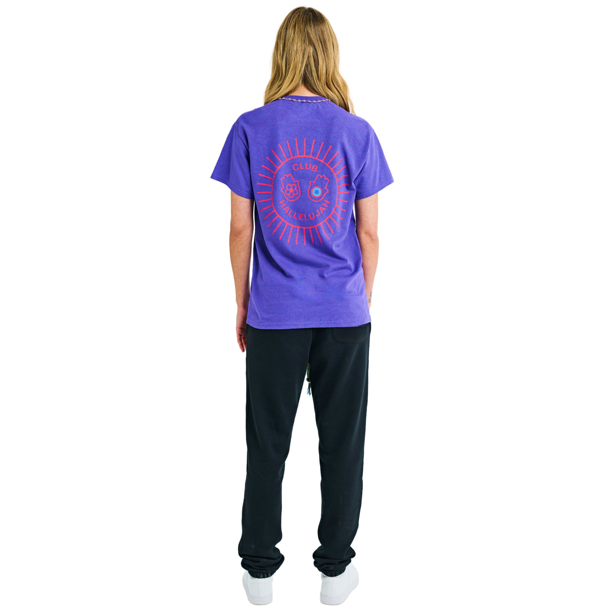 Female model wearing purple mélange T-shirt, back view, showing sunburst print and braided neckline