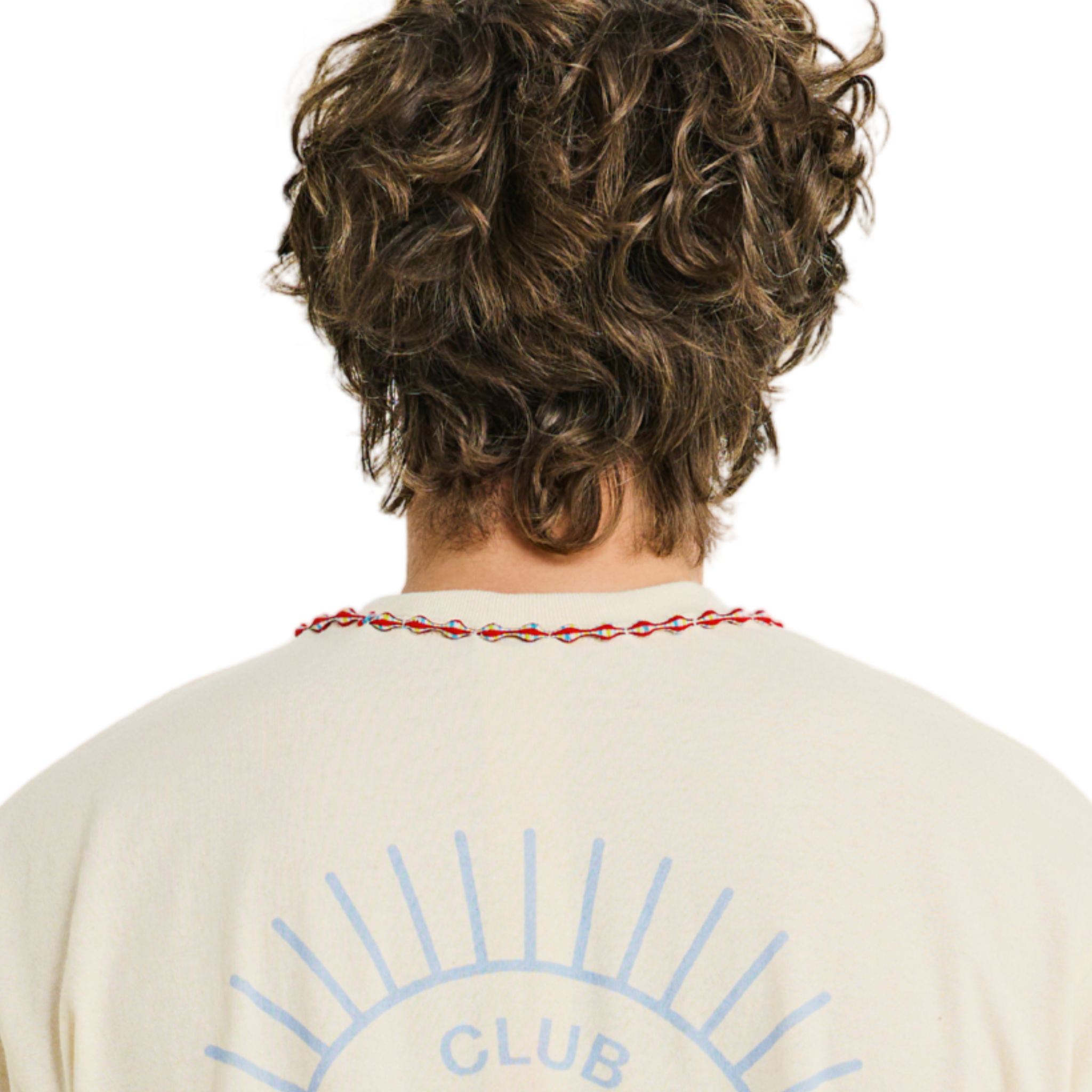 Close-up of male model wearing natural cotton T-shirt, back view, showing sunburst print and braided neckline