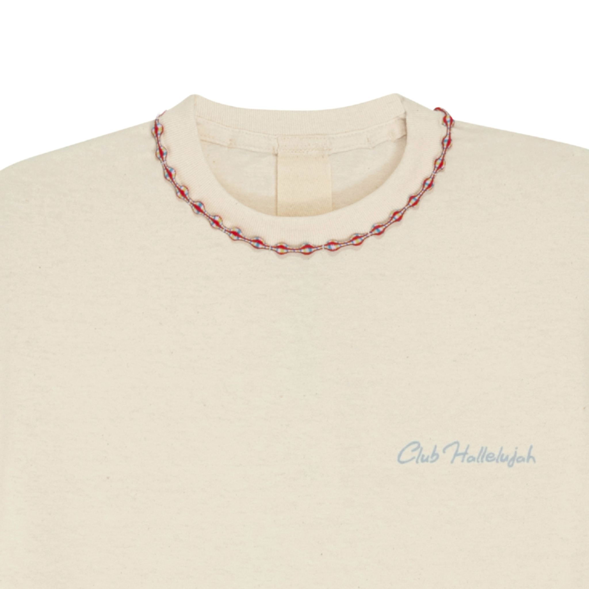 Close-up of natural cotton T-shirt neckline with handmade braided ribbon and small front logo