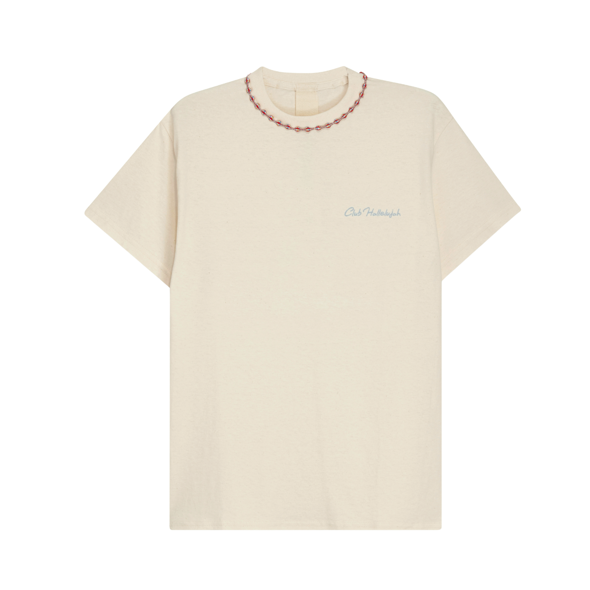 Natural cotton T-shirt with small 'Club Hallelujah' front logo and braided neckline, front view