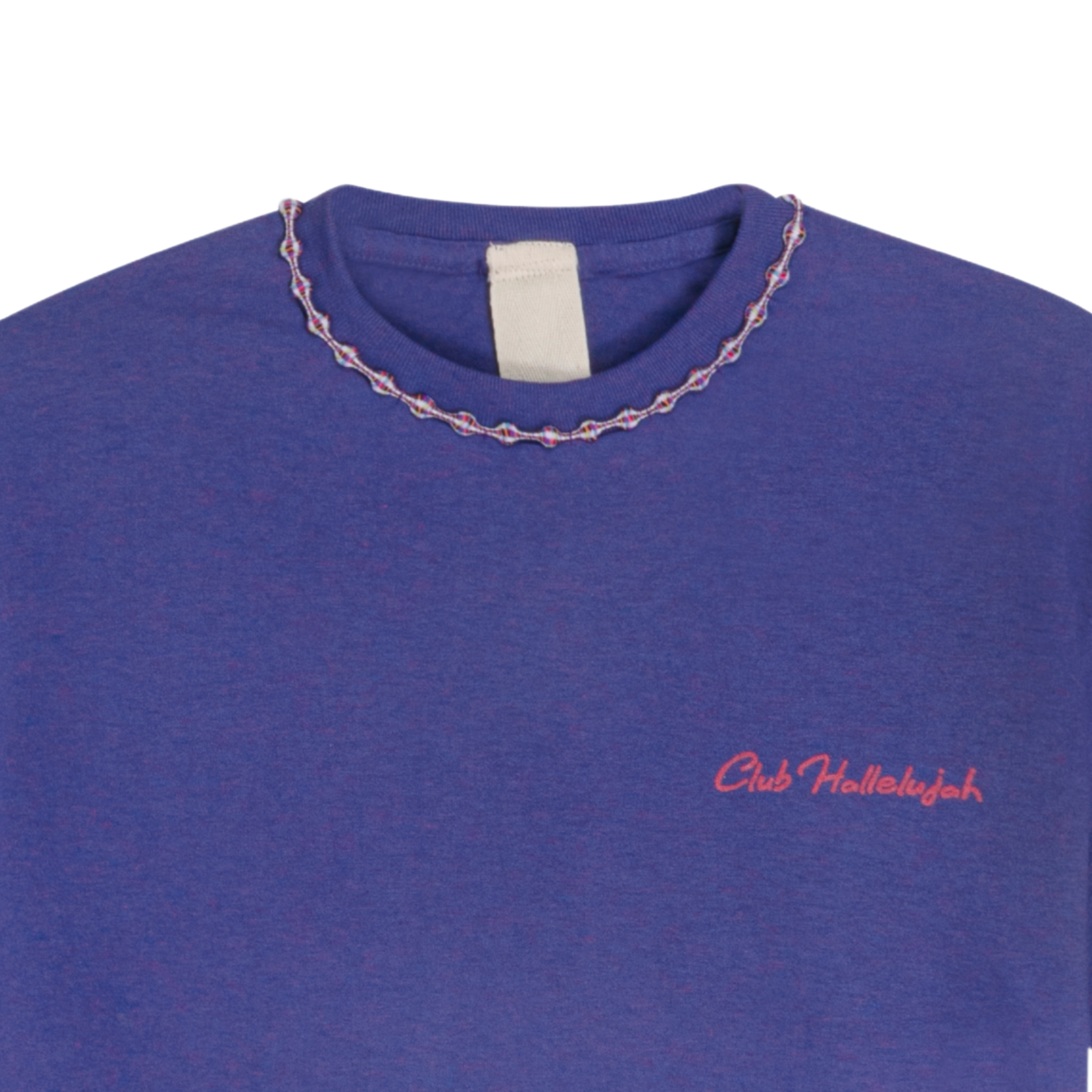 Close-up of purple mélange T-shirt neckline with handmade braided ribbon and small front logo