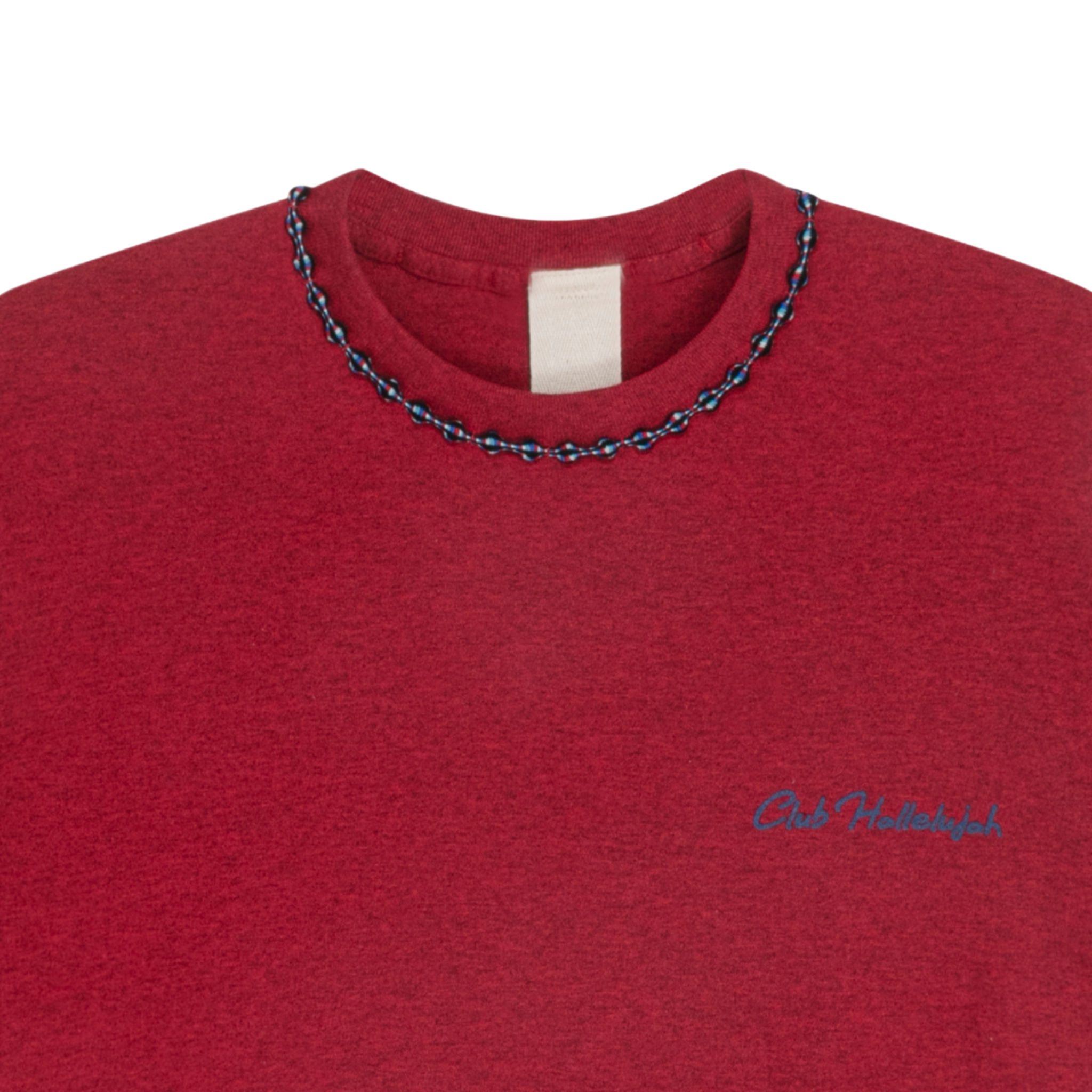 Close-up of red mélange T-shirt neckline with handmade braided ribbon and small front logo