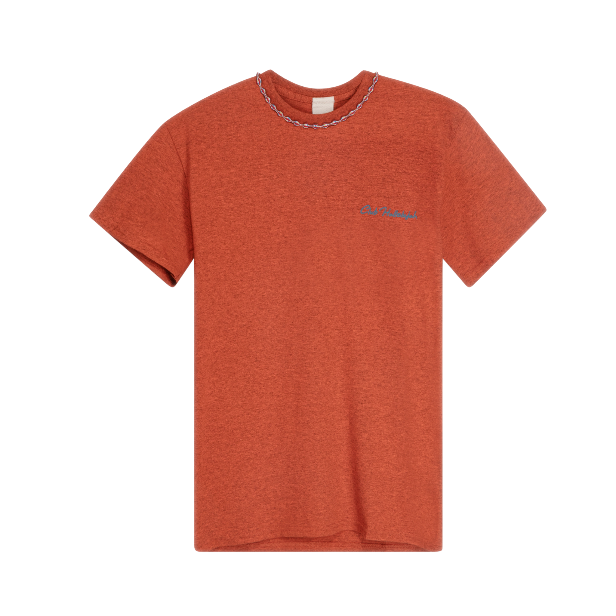 Orange mélange cotton T-shirt with small 'Club Hallelujah' front logo and braided neckline, front view