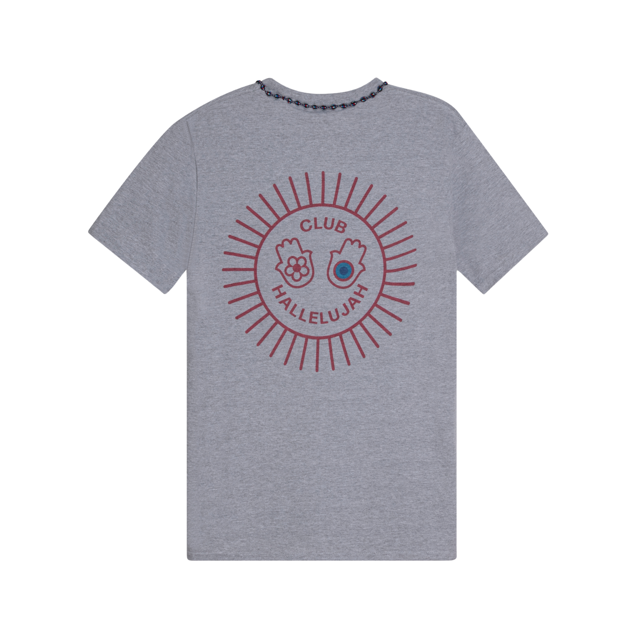 Ash grey mélange cotton T-shirt, back view, with red sunburst 'Club Hallelujah' print and braided neckline