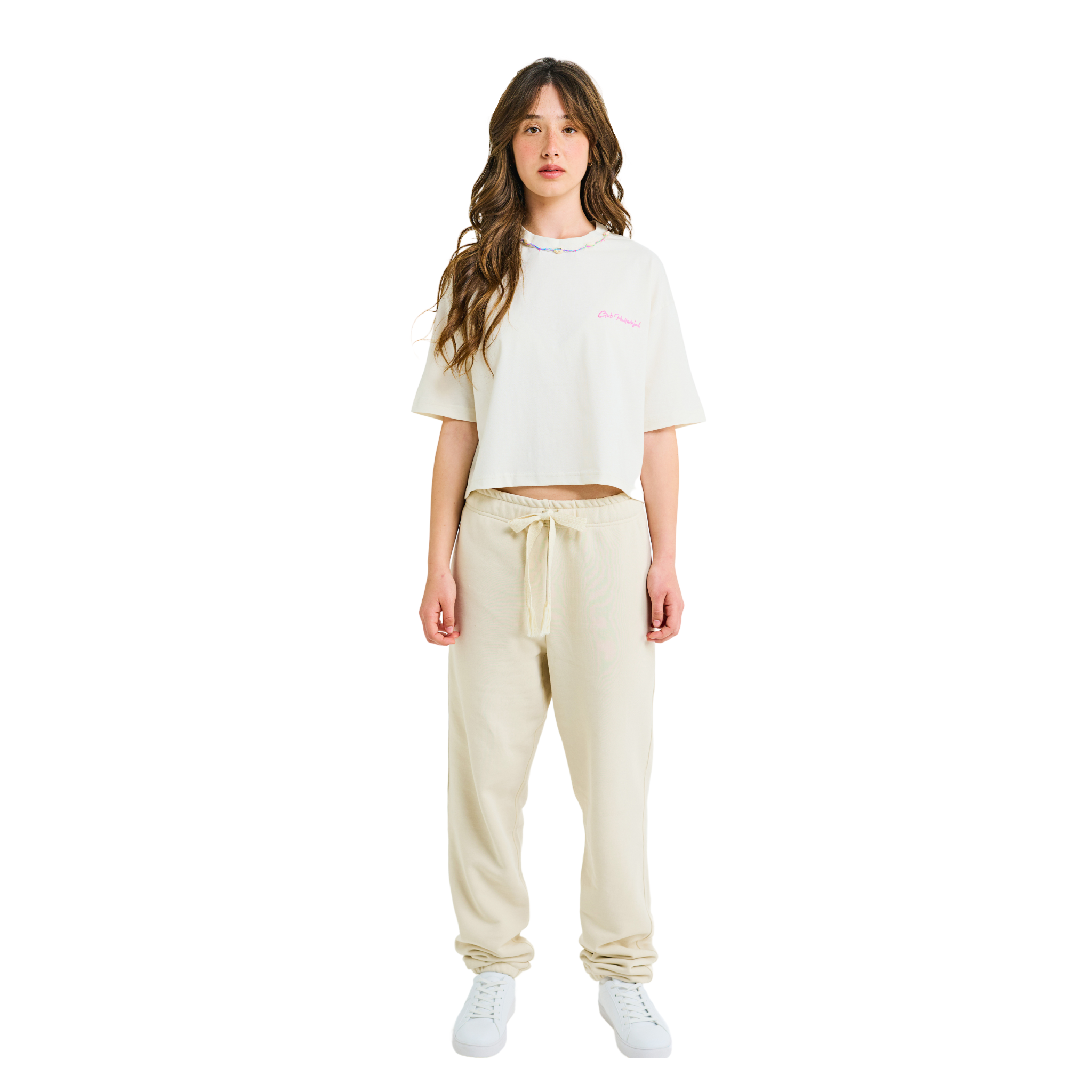 Front view of female model wearing stone classic sweatpants with embroidered logo and woven drawstring waist