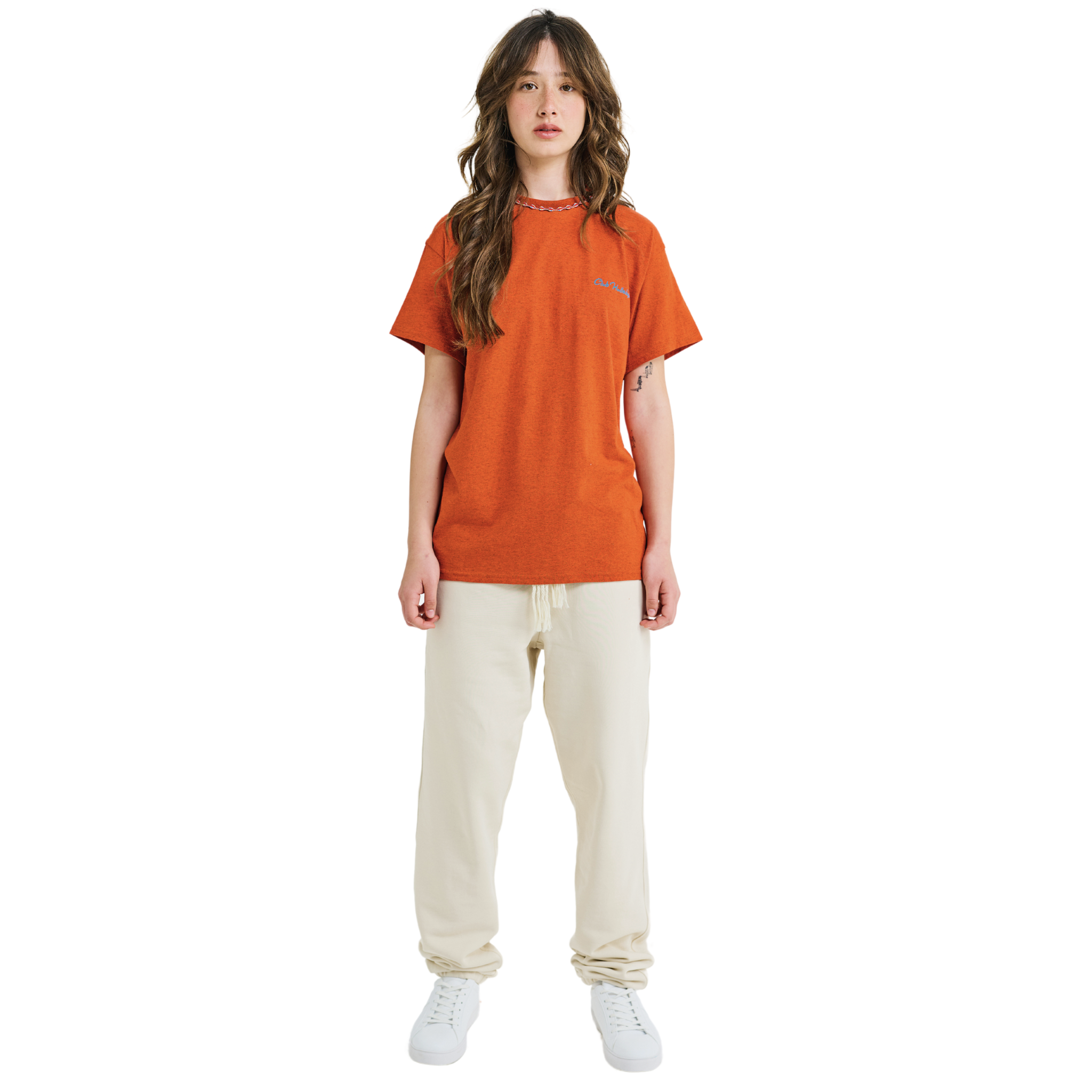 Female model wearing orange mélange T-shirt with small front logo and braided neckline, front view