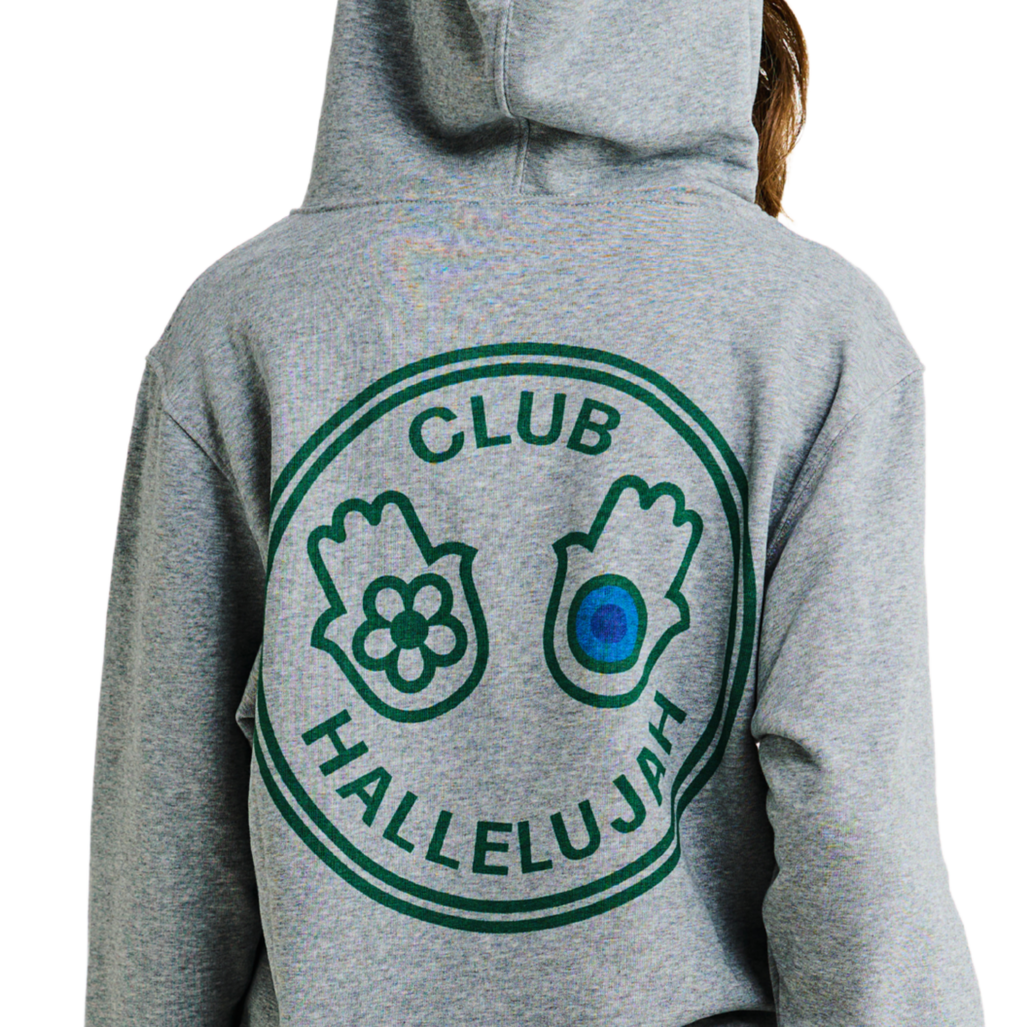 Back view of female model in unisex grey hoodie with large Club Hallelujah graphic print and cowrie shell details