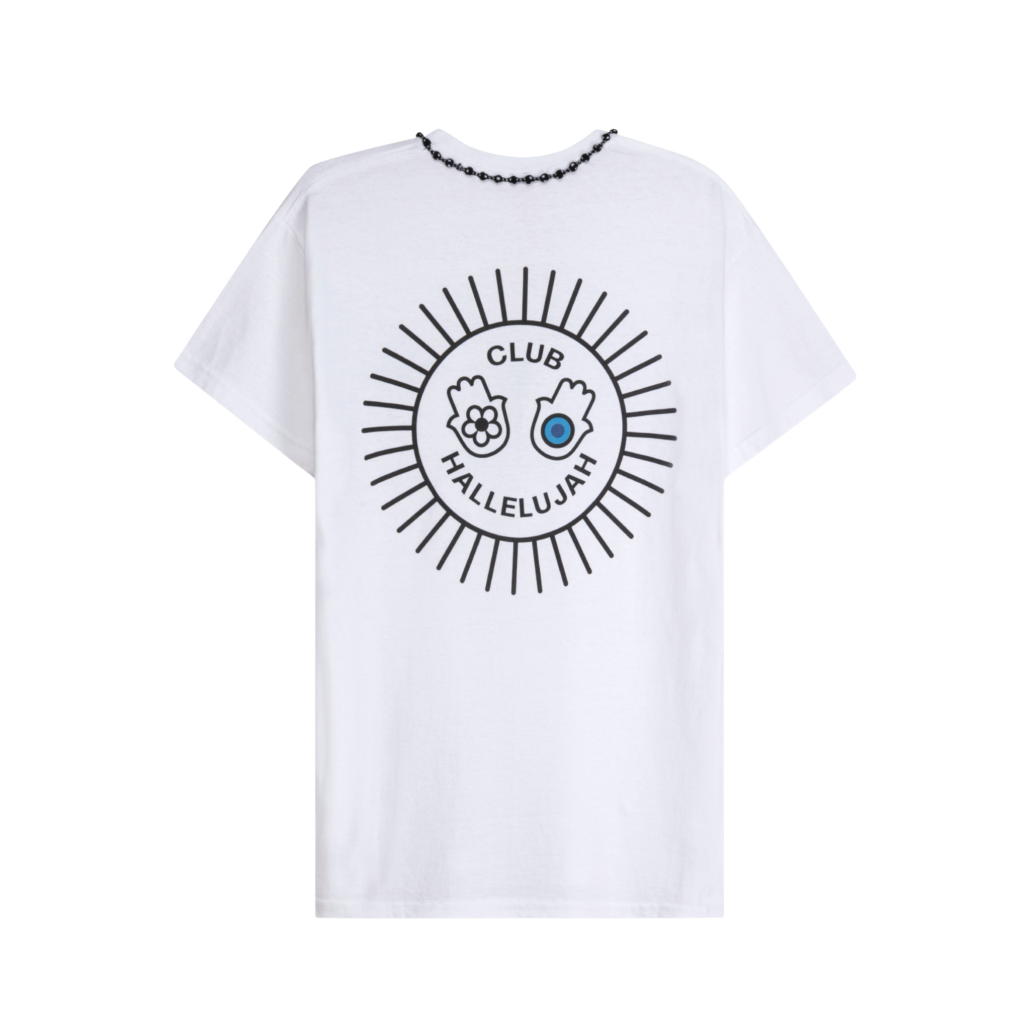 White cotton T-shirt, back view, with black sunburst 'Club Hallelujah' print and braided neckline