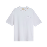White organic cotton T-shirt with small 'Club Hallelujah' front logo and cowrie shell neckline, front view