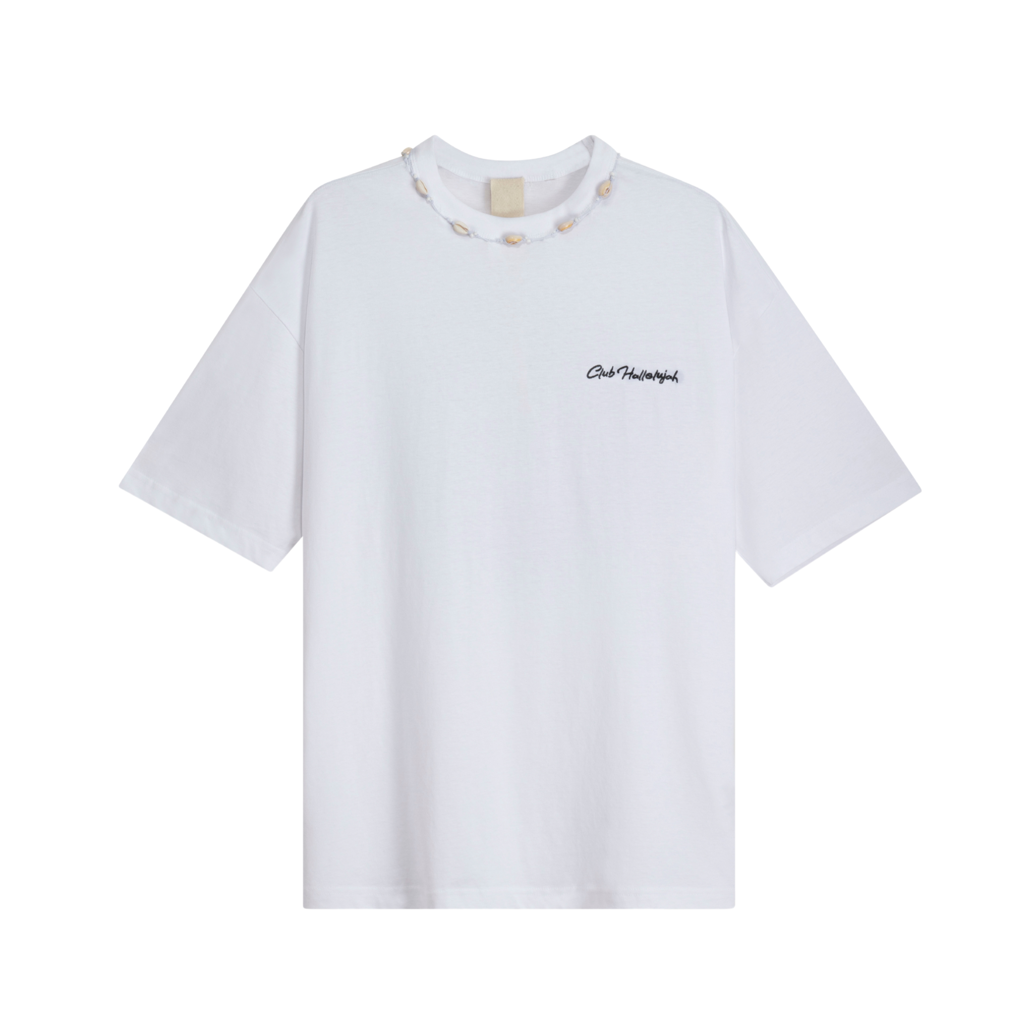 White organic cotton T-shirt with small 'Club Hallelujah' front logo and cowrie shell neckline, front view