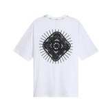 White organic cotton T-shirt, back view, with black sunburst appliqué and cowrie shell neckline