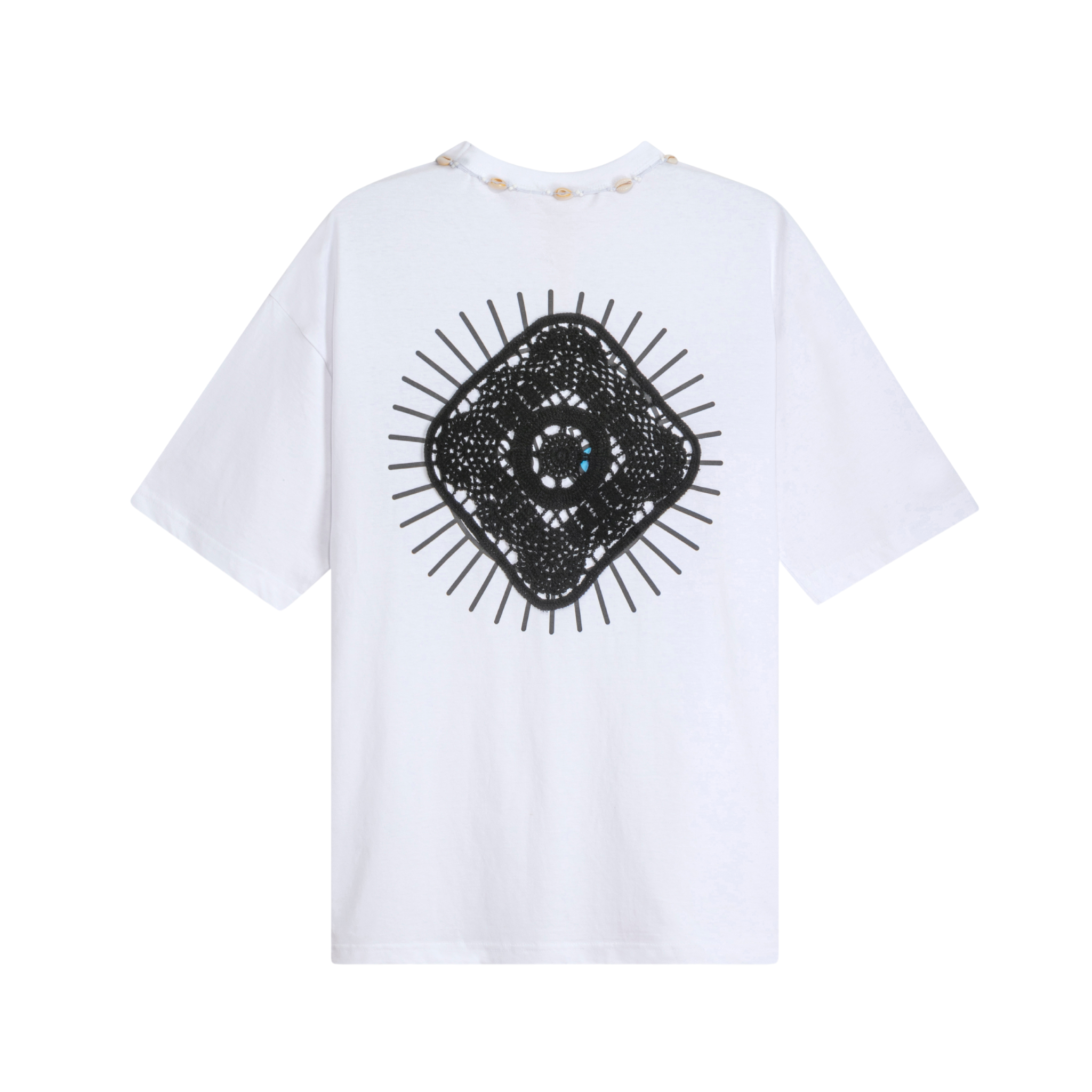 White organic cotton T-shirt, back view, with black sunburst appliqué and cowrie shell neckline