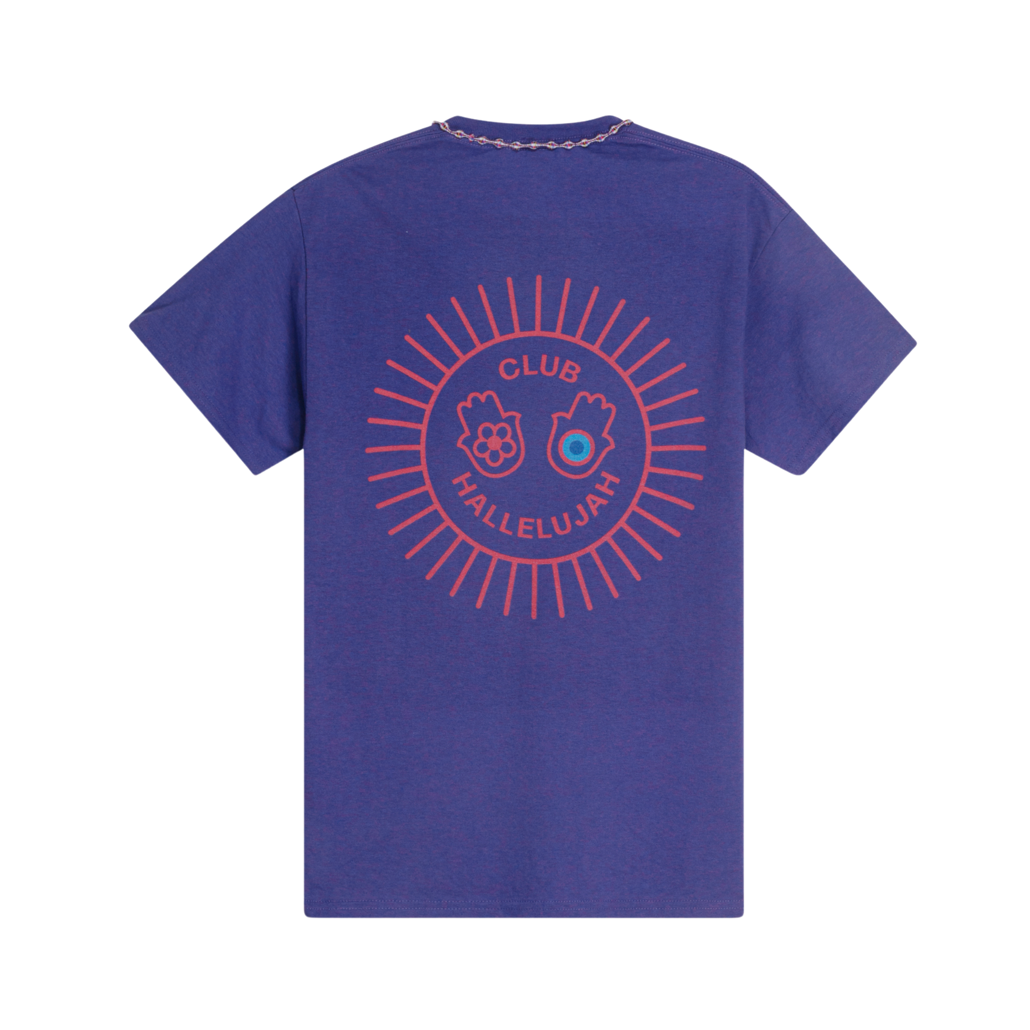 Purple mélange cotton T-shirt, back view, with pink sunburst 'Club Hallelujah' print and braided neckline