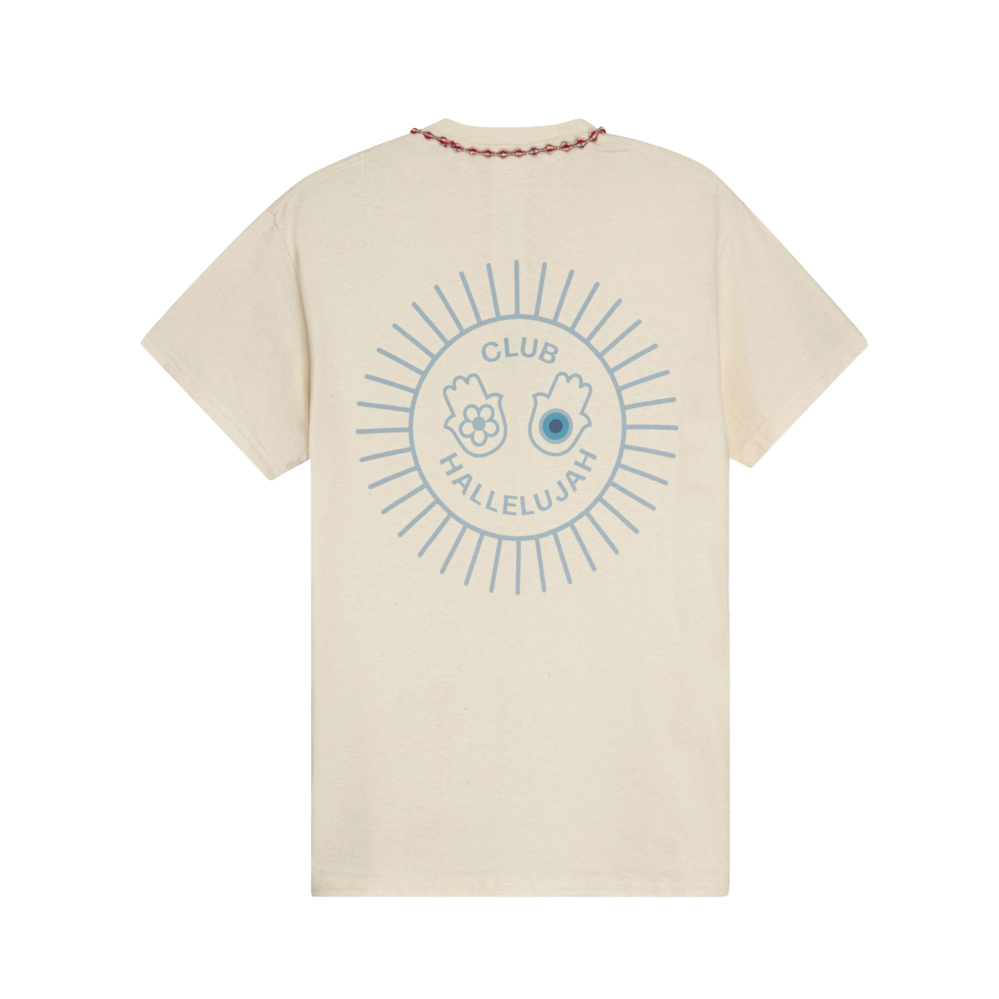 Natural cotton T-shirt, back view, with light blue sunburst 'Club Hallelujah' print and braided neckline