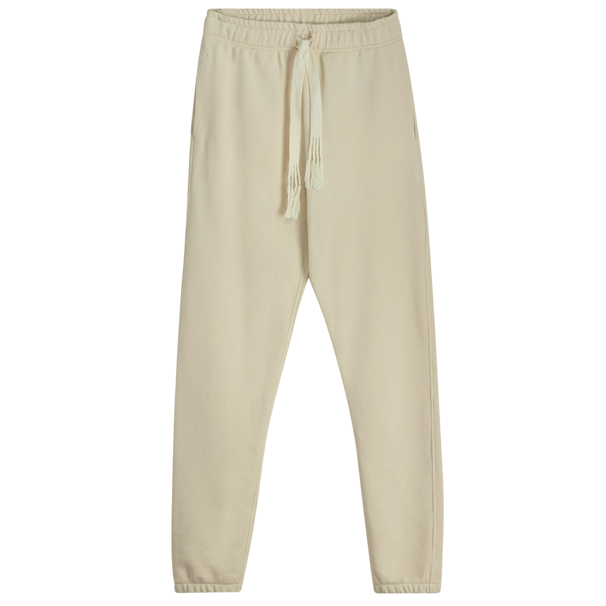 Front view of stone classic sweatpants with woven cotton drawstring waist, clean lines, and handmade details
