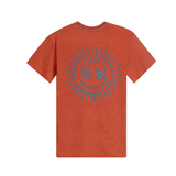 Orange mélange cotton T-shirt, back view, with blue sunburst 'Club Hallelujah' print and braided neckline
