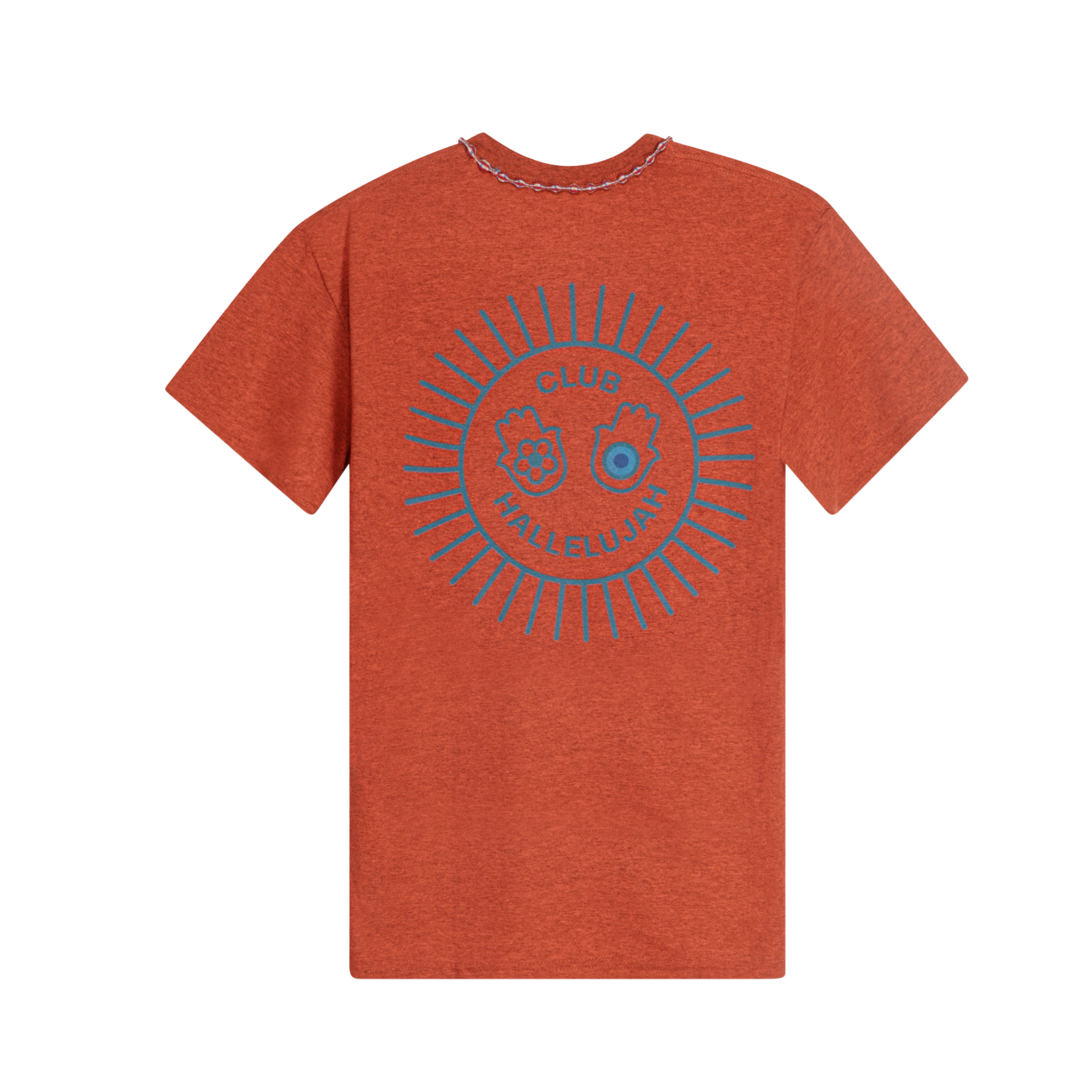 Orange mélange cotton T-shirt, back view, with blue sunburst 'Club Hallelujah' print and braided neckline