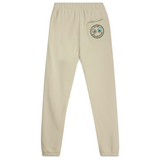 Back view of stone sweatpants with embroidered Club Hallelujah logo on back pocket and handmade finish