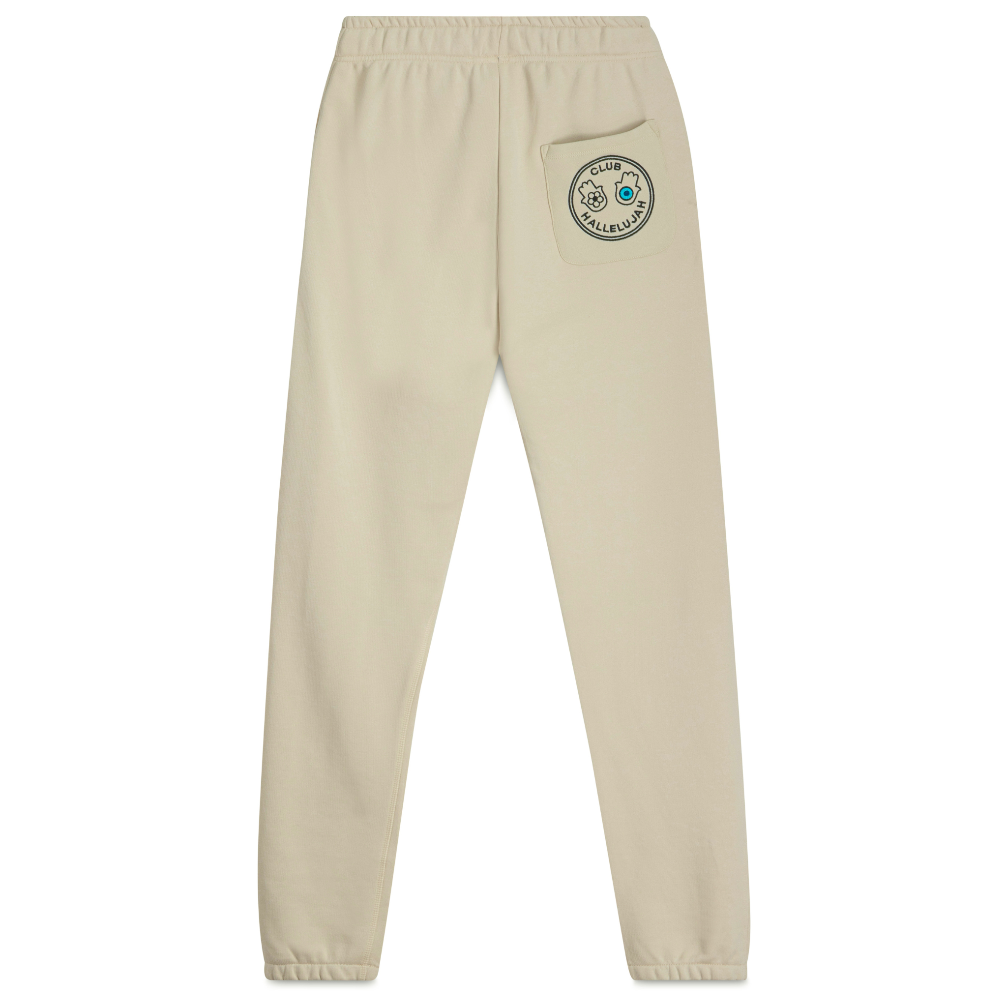 Back view of stone sweatpants with embroidered Club Hallelujah logo on back pocket and handmade finish
