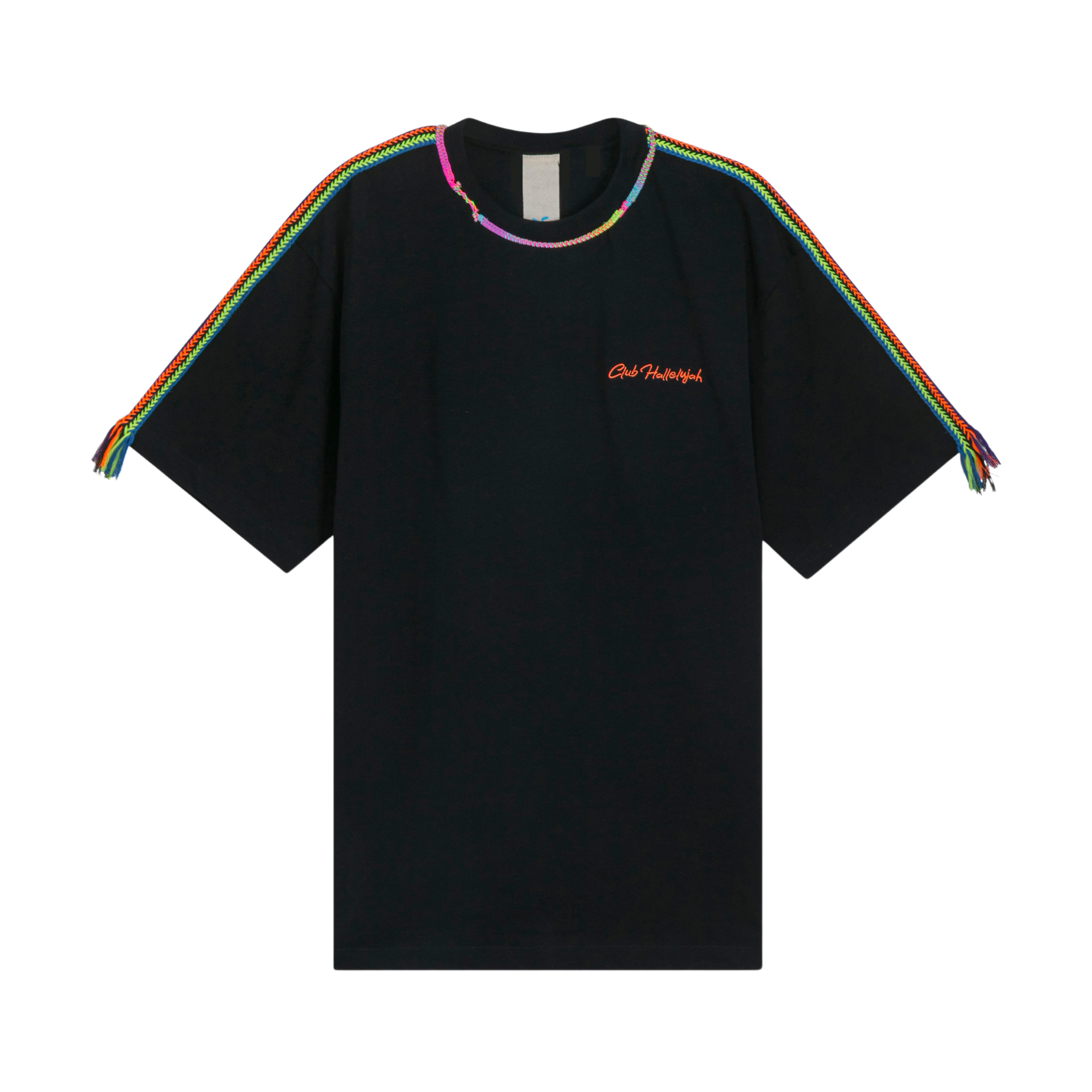Front view of black oversized T-shirt with embroidered logo on chest and handmade braided multicolor shoulder details