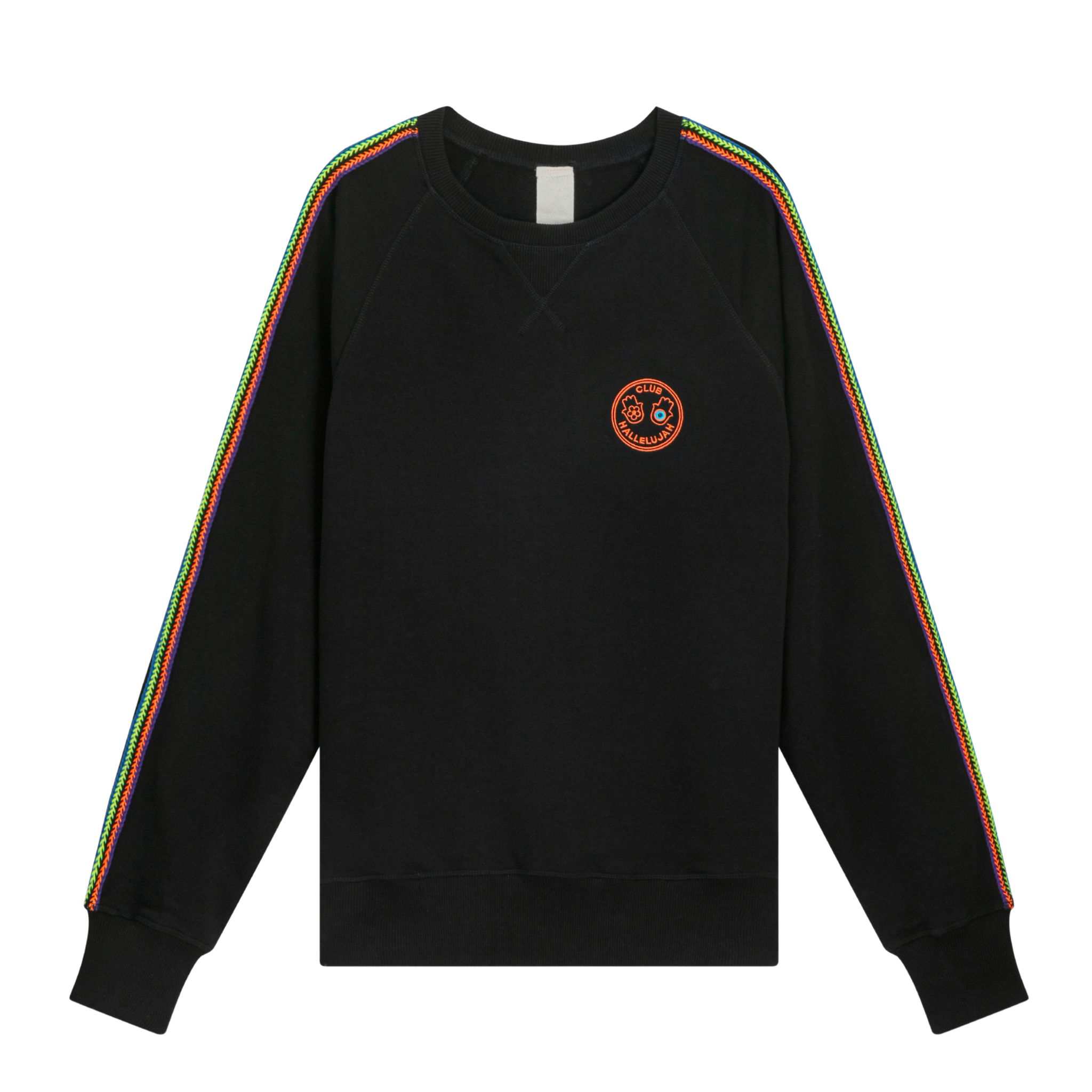 Front view of black oversized raglan sweatshirt with embroidered logo and handmade braided sleeves