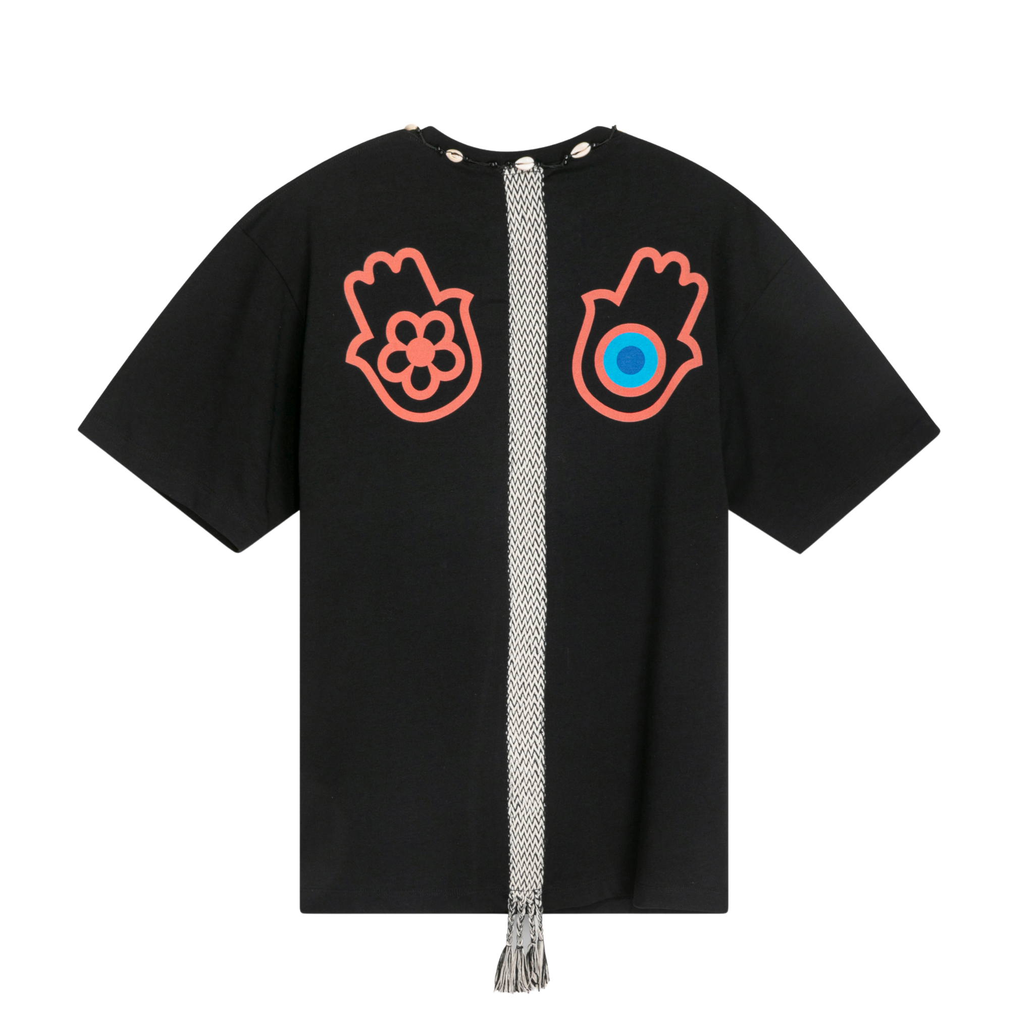 Black oversized cotton T-shirt, back view, with hamsa prints, woven strap with tassels, and cowrie shell details