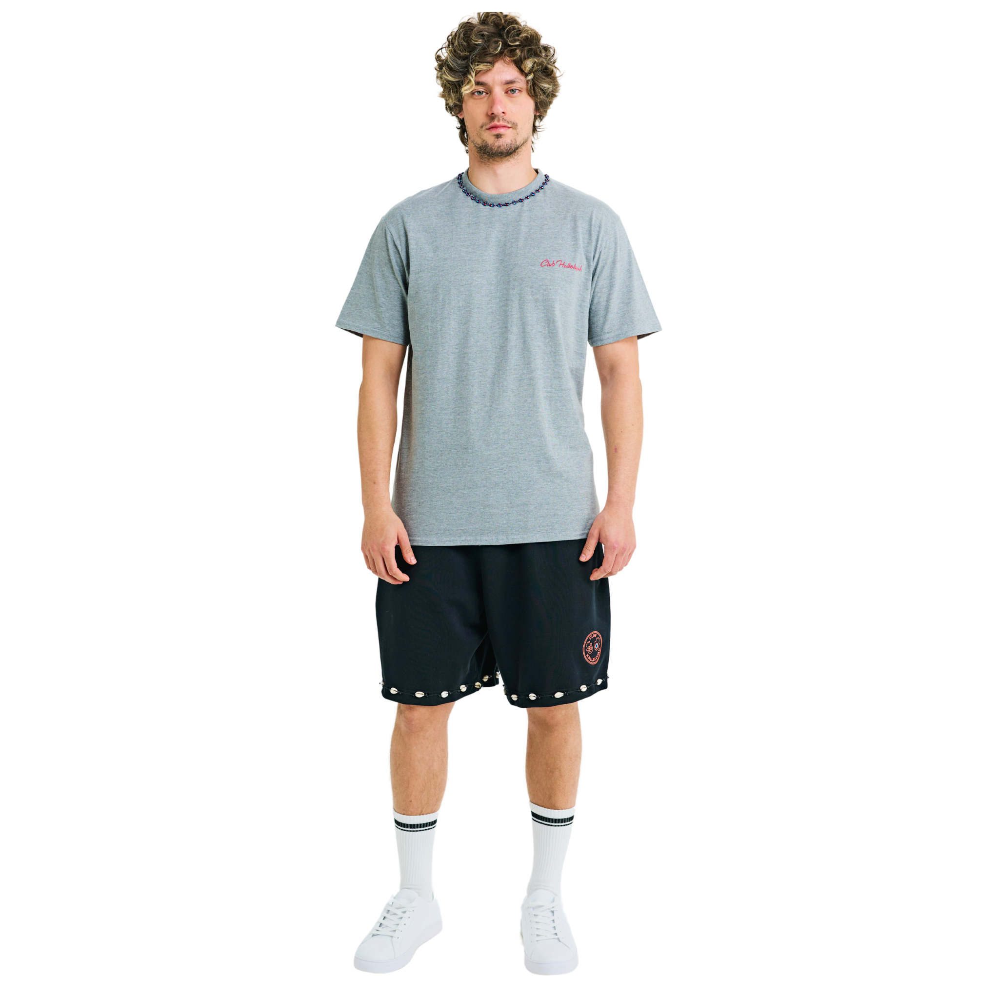 Male model wearing ash grey mélange T-shirt with small front logo and braided neckline, front view