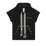 Front view of unisex Mogador Nights short-sleeve hoodie with black-white straps and cowrie shells, Club Hallelujah