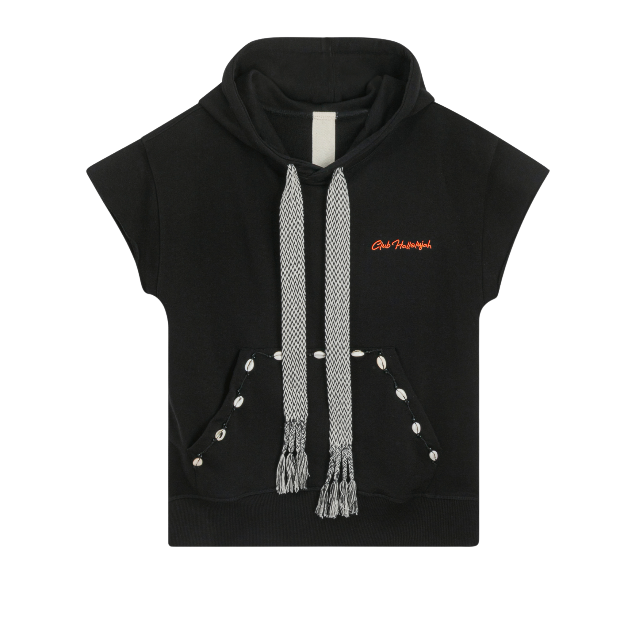 Front view of unisex Mogador Nights short-sleeve hoodie with black-white straps and cowrie shells, Club Hallelujah