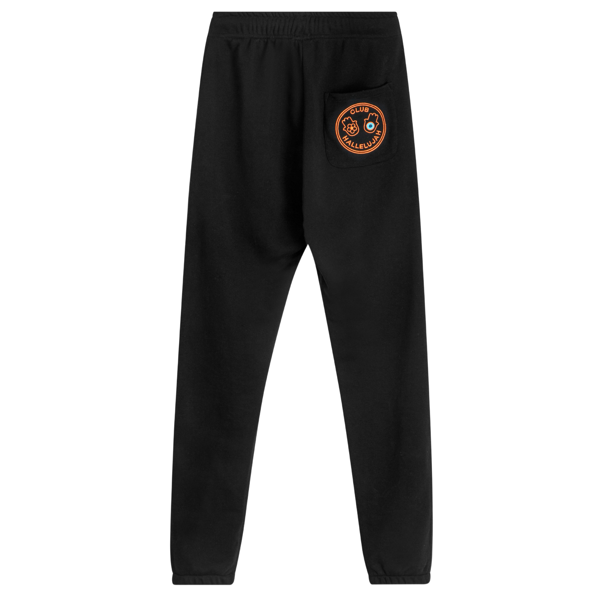 Back view of unisex black sweatpants with embroidered logo on pocket, handmade details, and straight-leg fit
