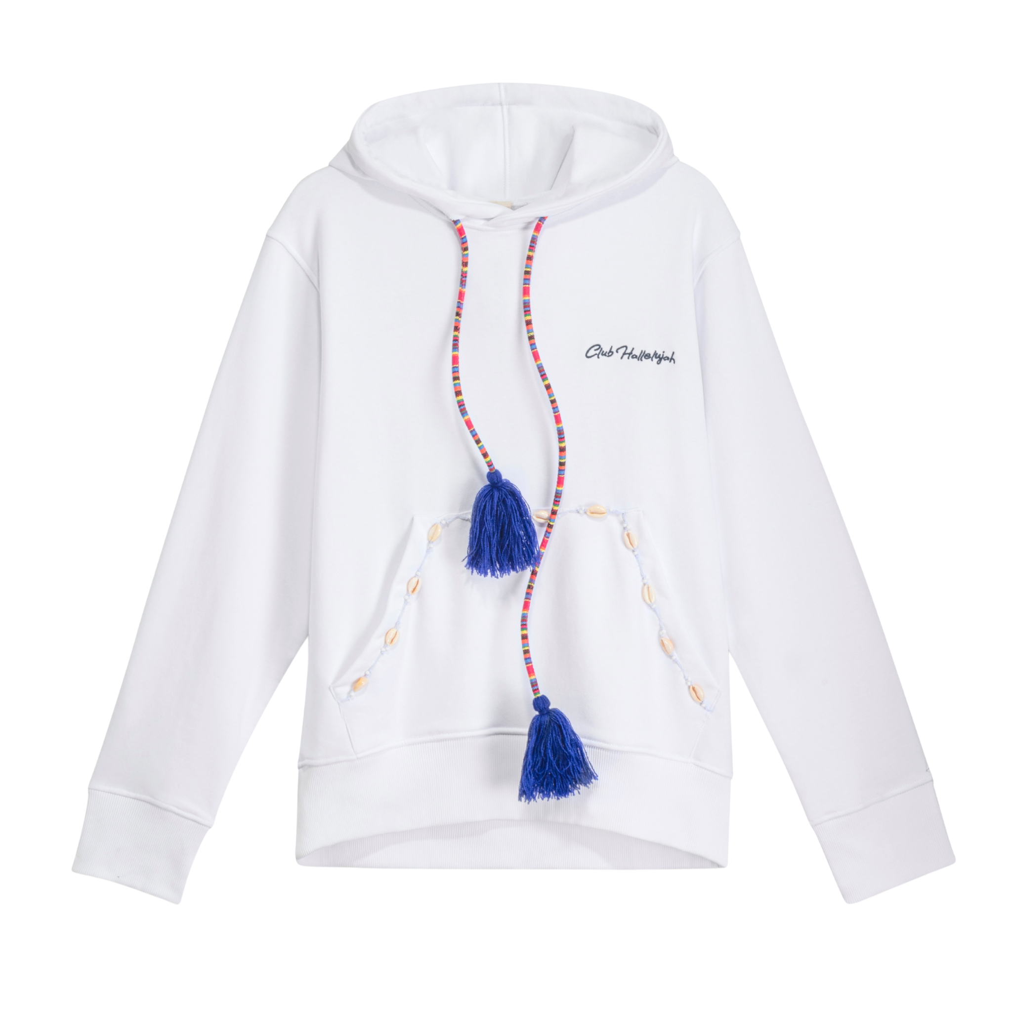 Unisex white hoodie, cowrie shell kangaroo pocket, handmade drawstring with blue tassels, 100% cotton, front Club Hallelujah embroidery
