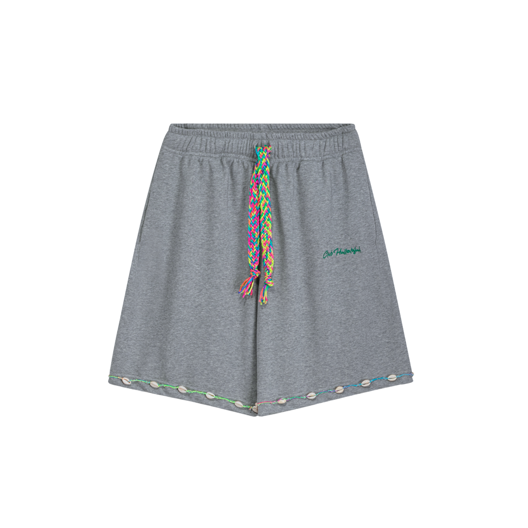 Front view of unisex grey oversized shorts with embroidered logo, hand-woven color-block drawstring, and cowrie shell hemline